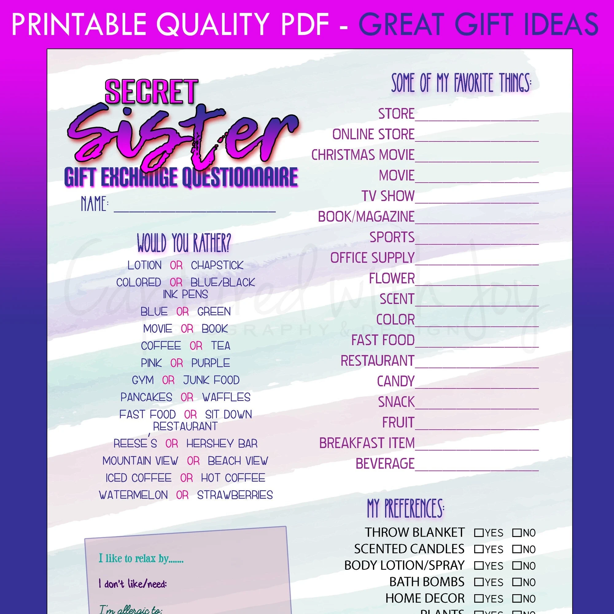 free printable secret sister questionnaire free printable secret sister questionnaire