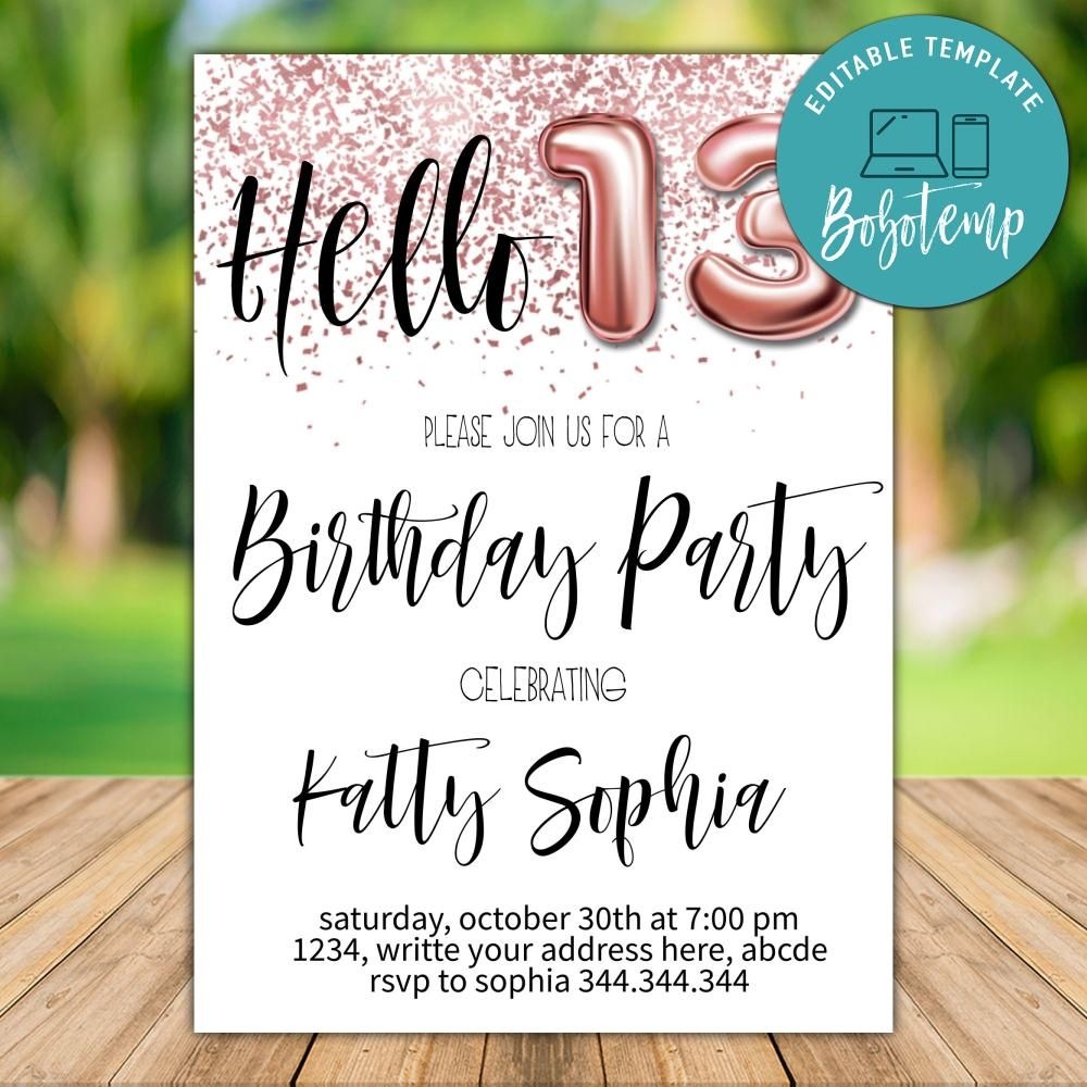 Printable Rose Gold 13th Birthday Invitation Instant Download
