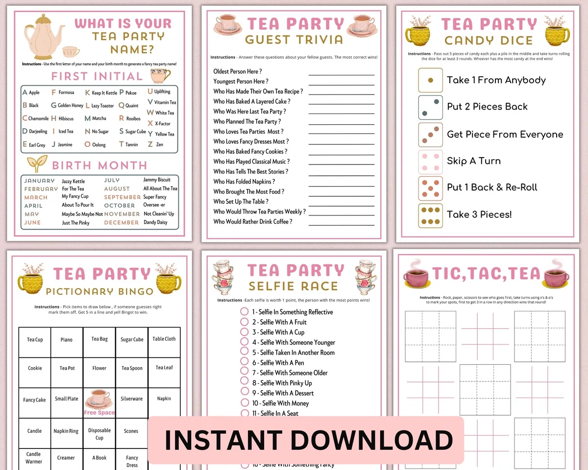 Printable Tea Party Games Adults Kids Toddler Editable High Tea Quiz Activity Bundle Bridal Baby Shower Birthday Tea Party Idea