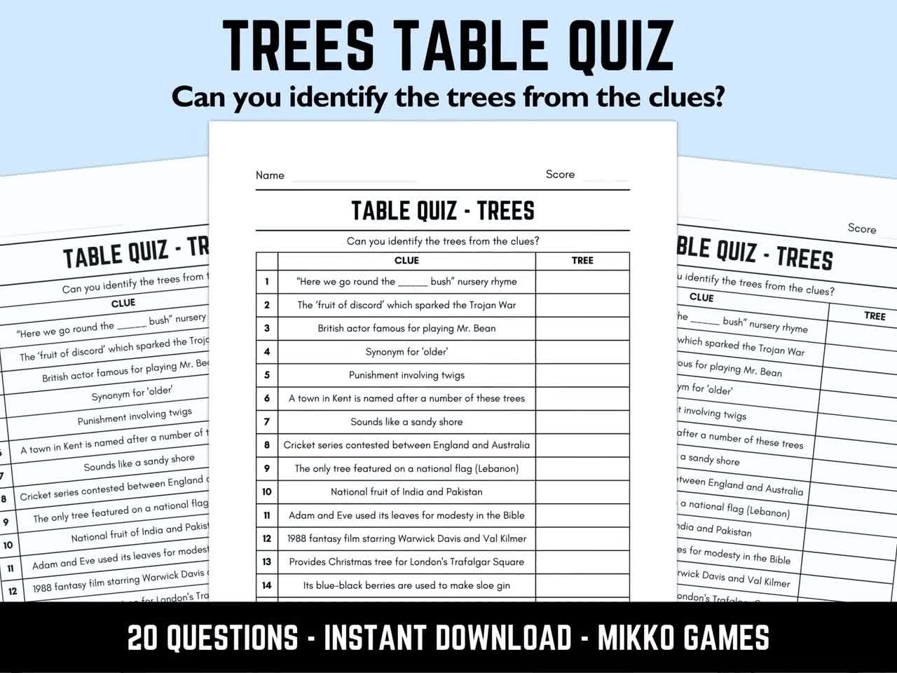 Printable Trees Table Quiz With Answers Printable Trees Table Quiz With Answers