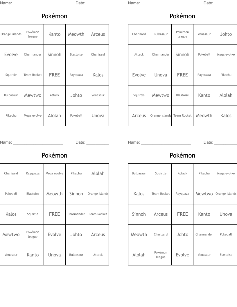 free pokemon bingo printable