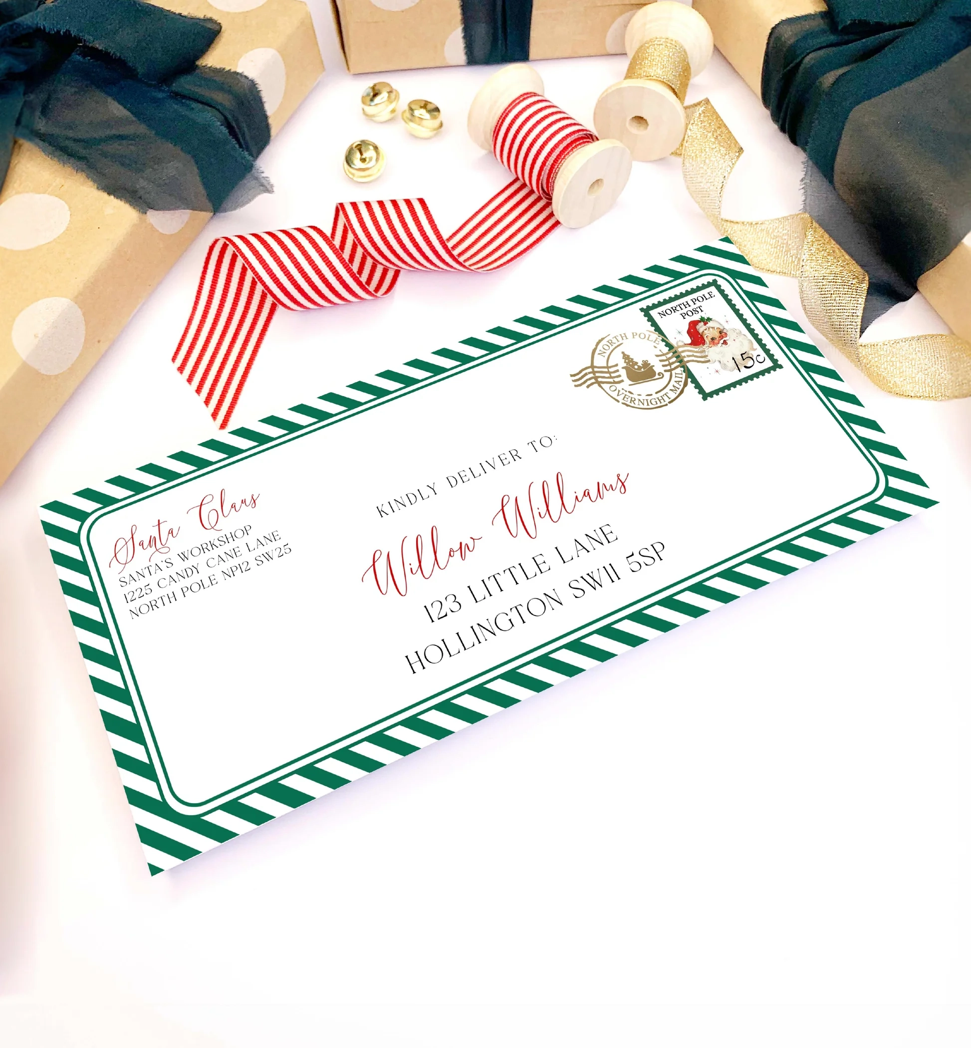 Santas Workshop Green Printable Christmas Envelope Template Santas Workshop Green Printable Christmas Envelope Template