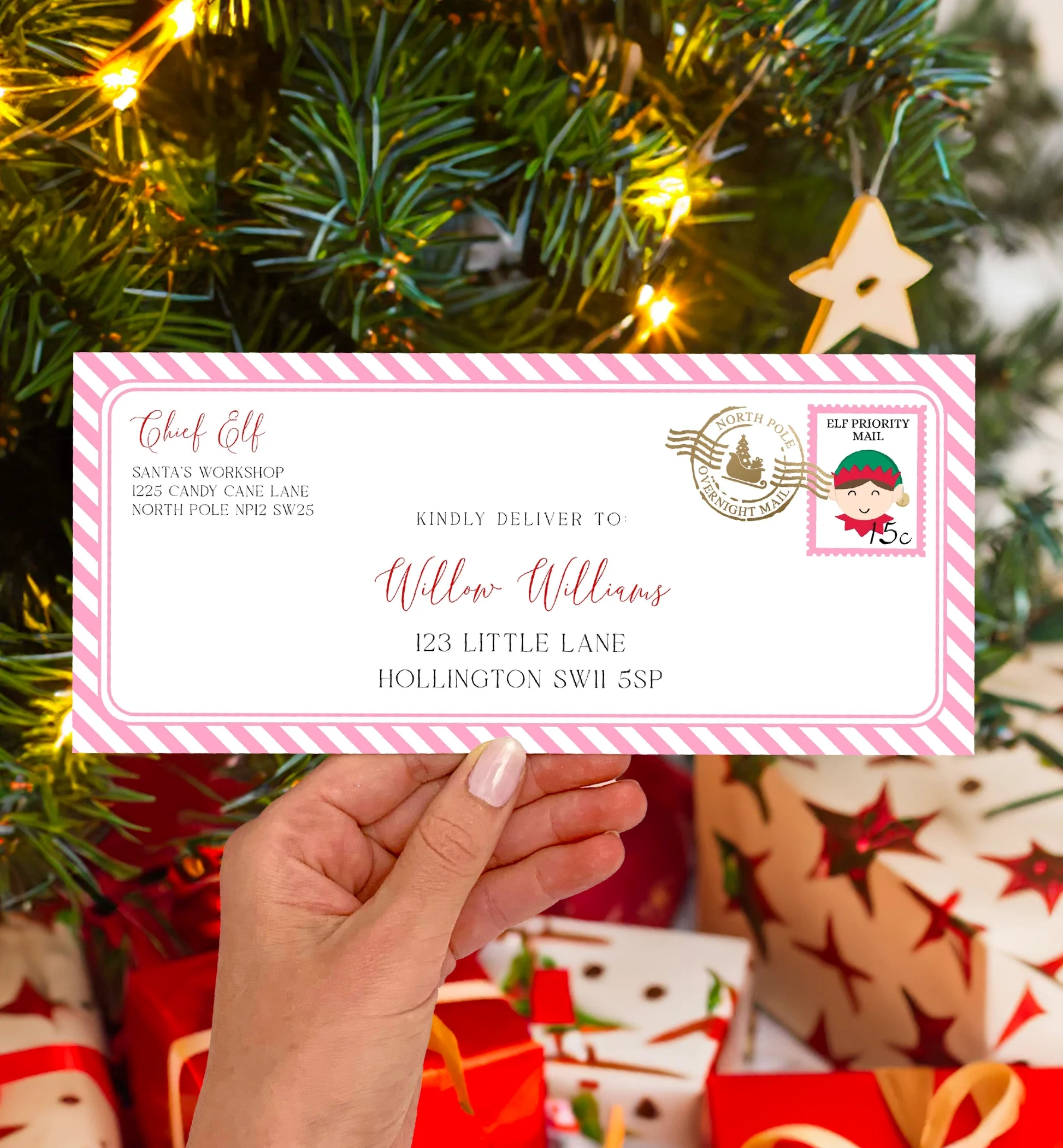 Santas Workshop Pink Printable Elf Christmas Envelope Template