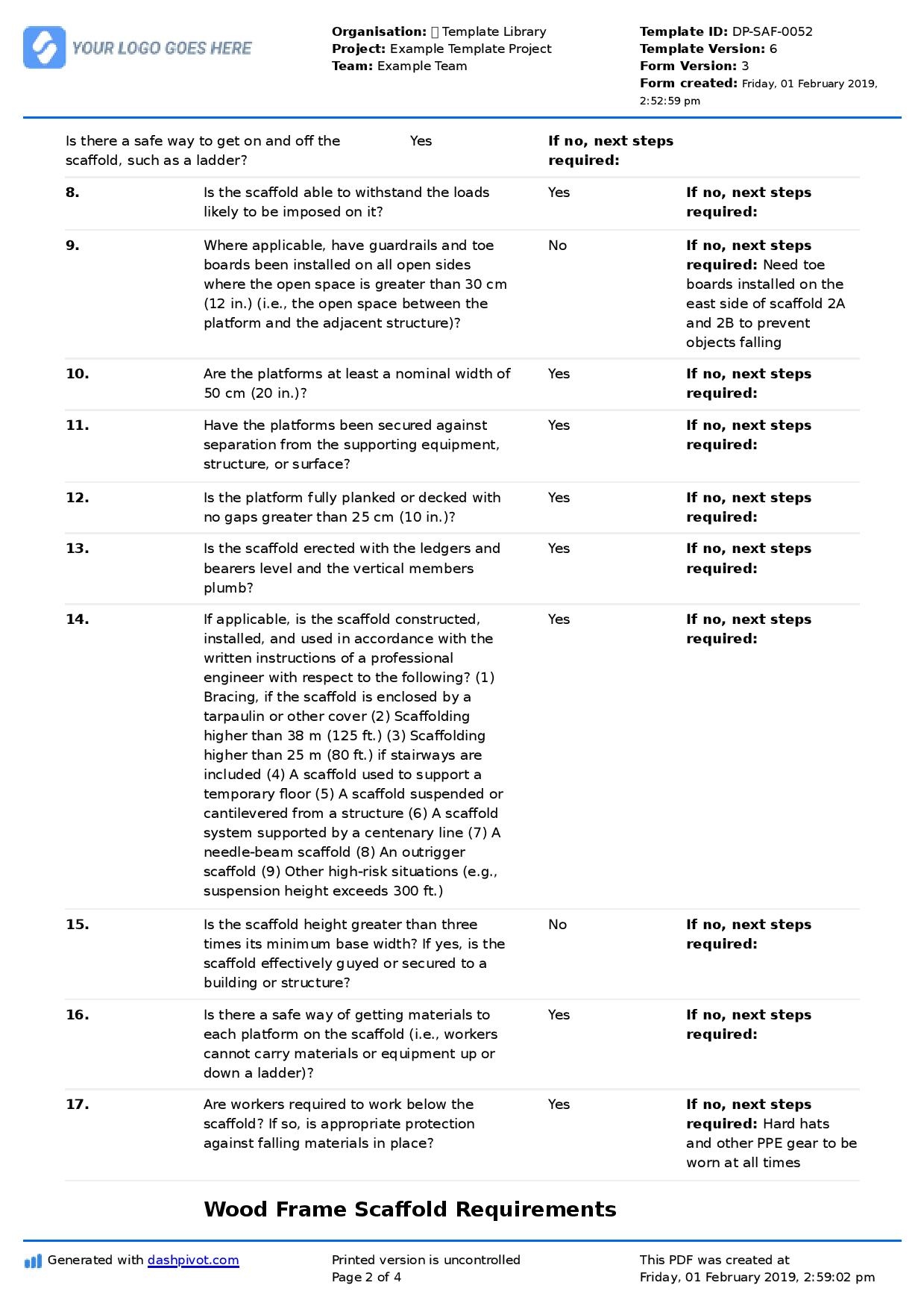 Scaffold Inspection Checklist Template Scaffold Inspection Checklist Template