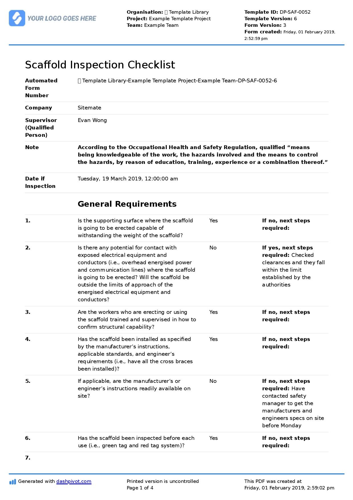 Scaffold Inspection Checklist Template