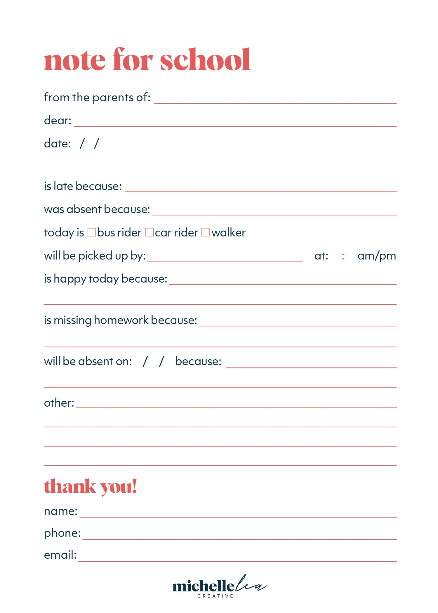 School Note Printable