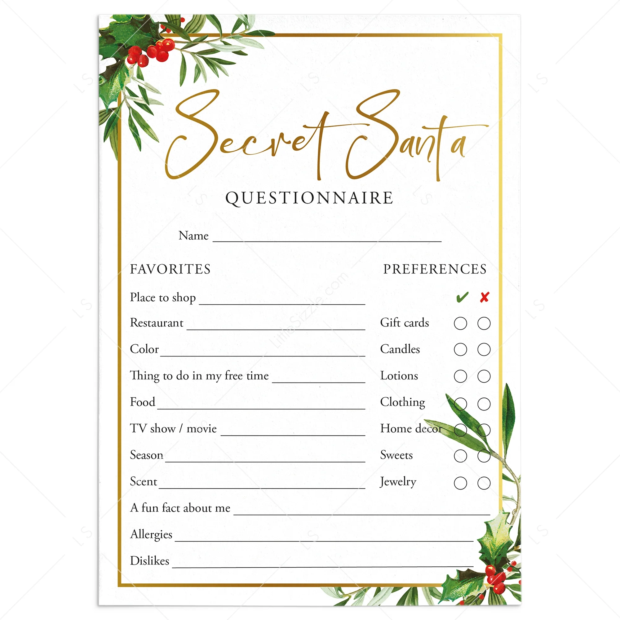 Secret Santa Questions Form For Adults Printable Secret Santa Questions Form For Adults Printable