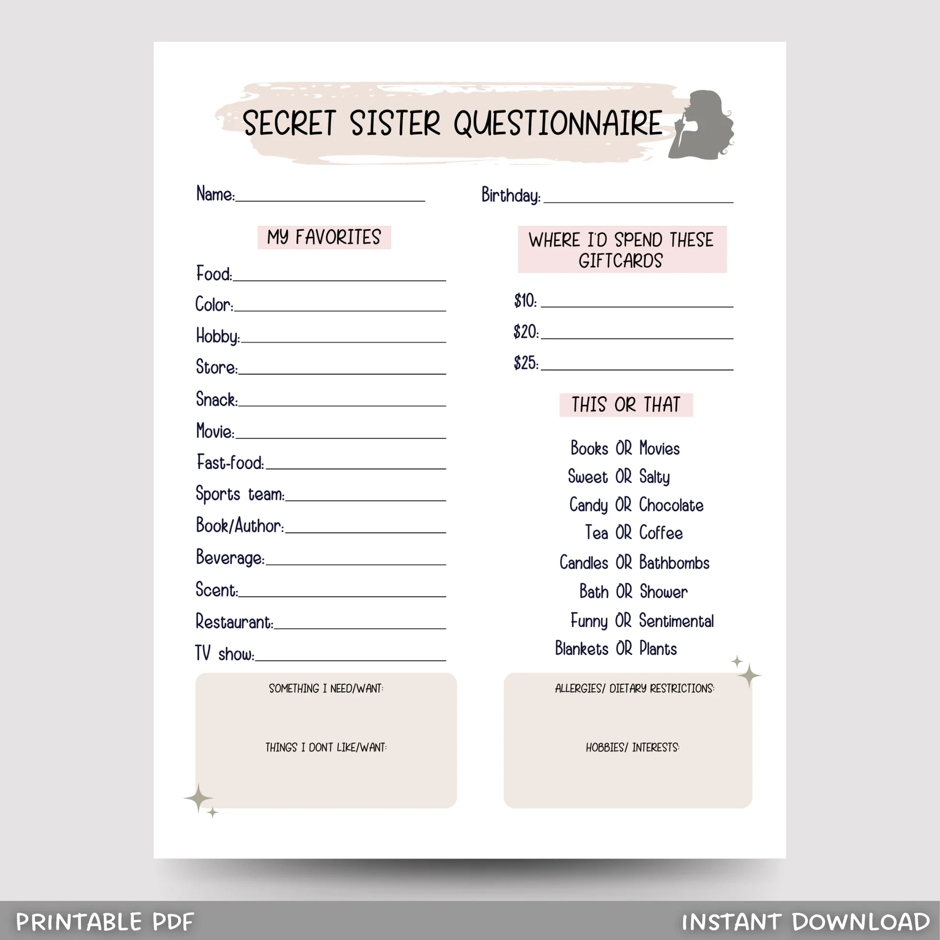 Secret Sister Questionnaire Printable All About Me Survey Secret Sister Questionnaire Printable All About Me Survey