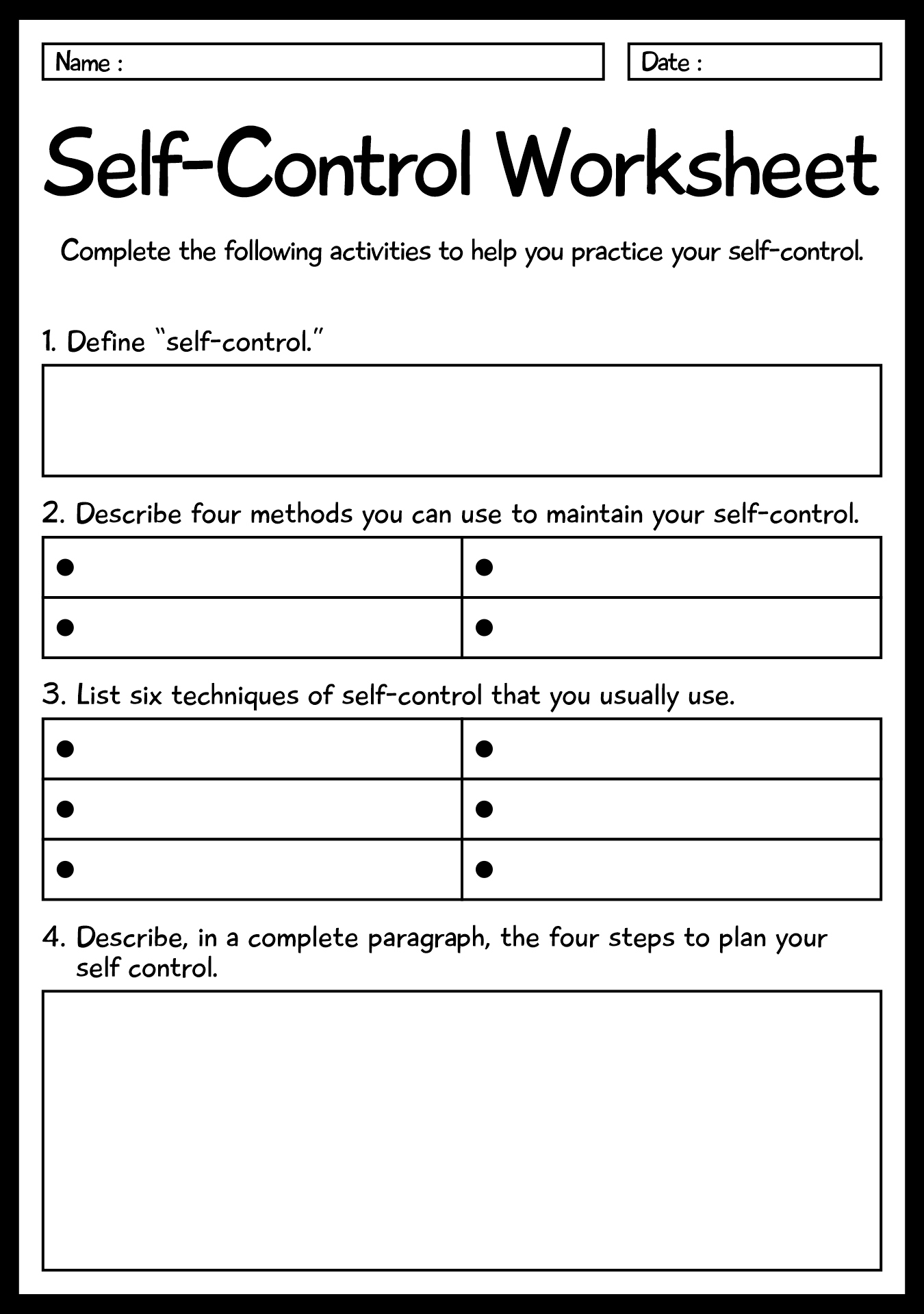 Self Control Worksheets Free Printable