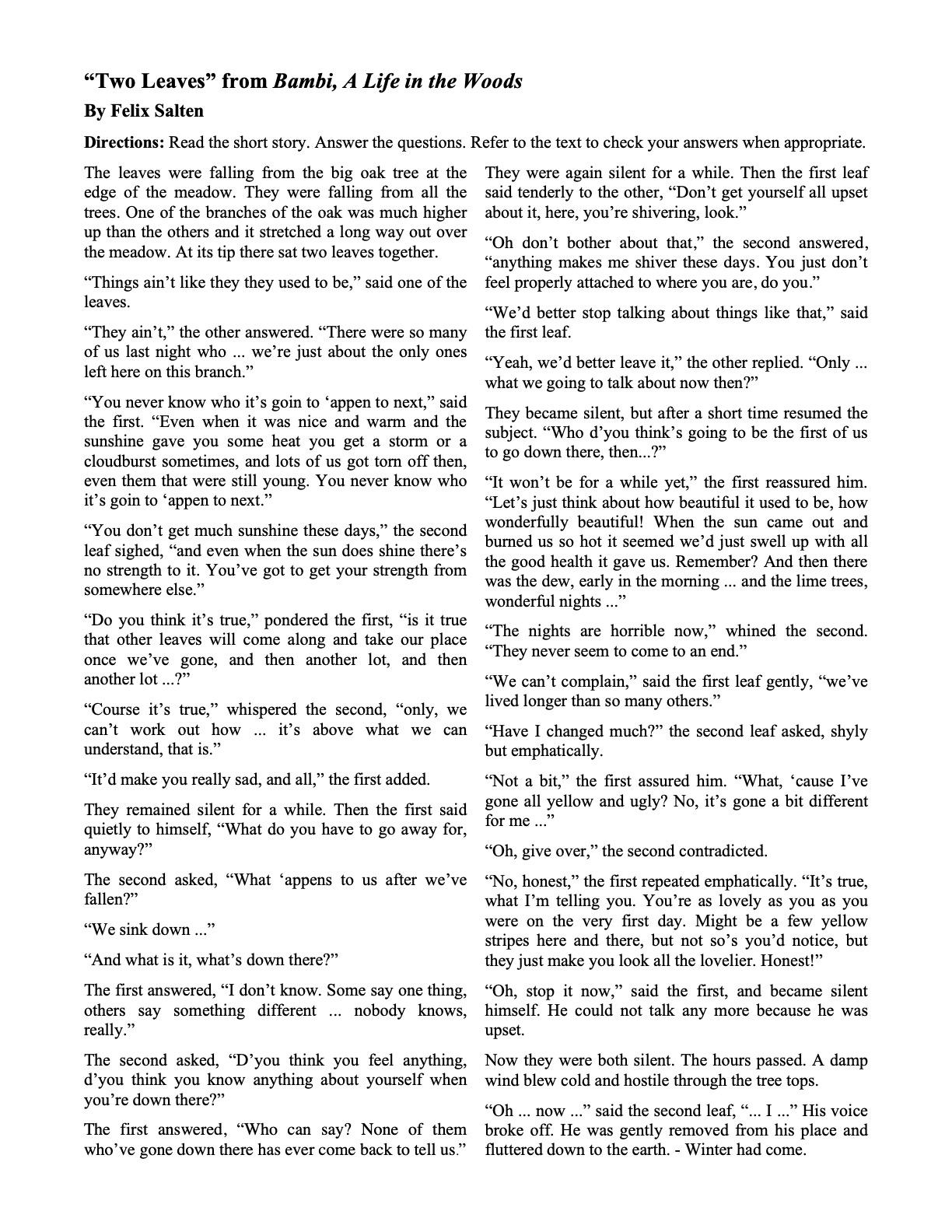 Short Stories With Questions Short Stories With Questions