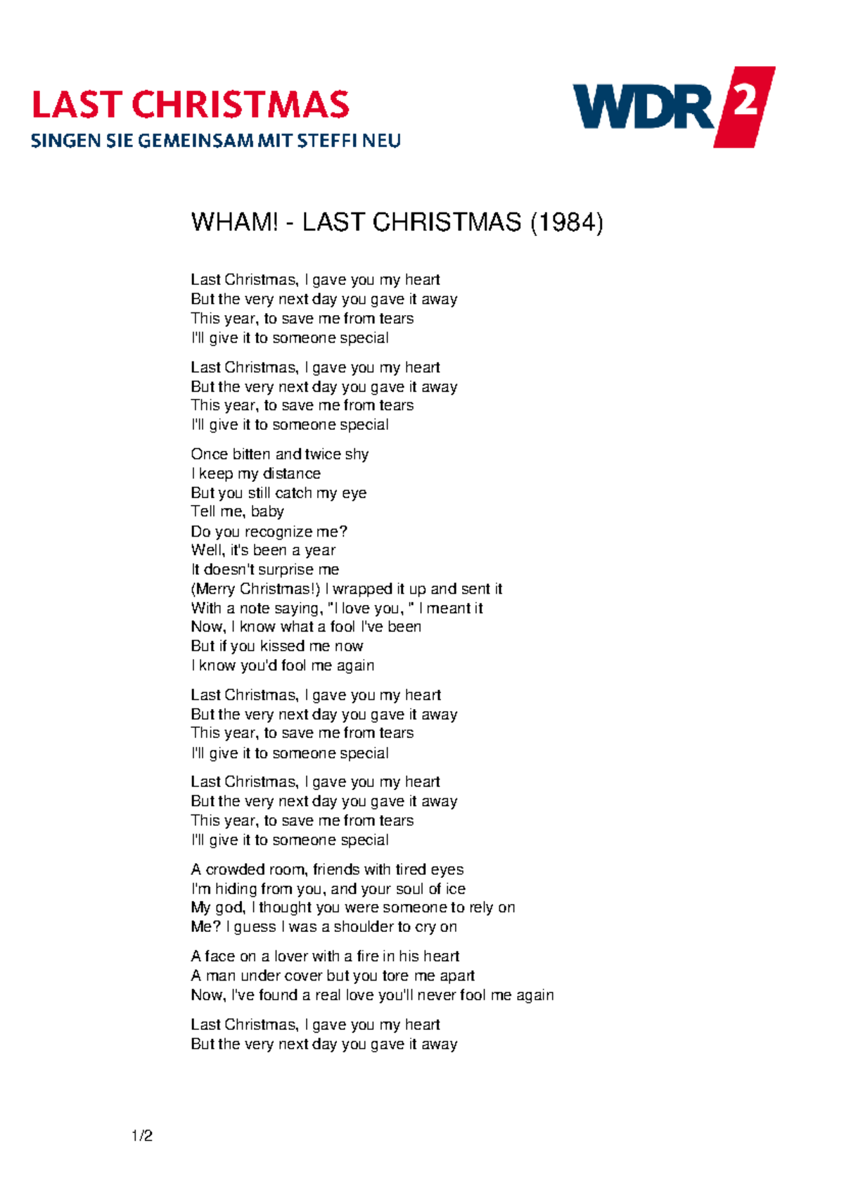 Songtext Lyrics Last Christmas 100