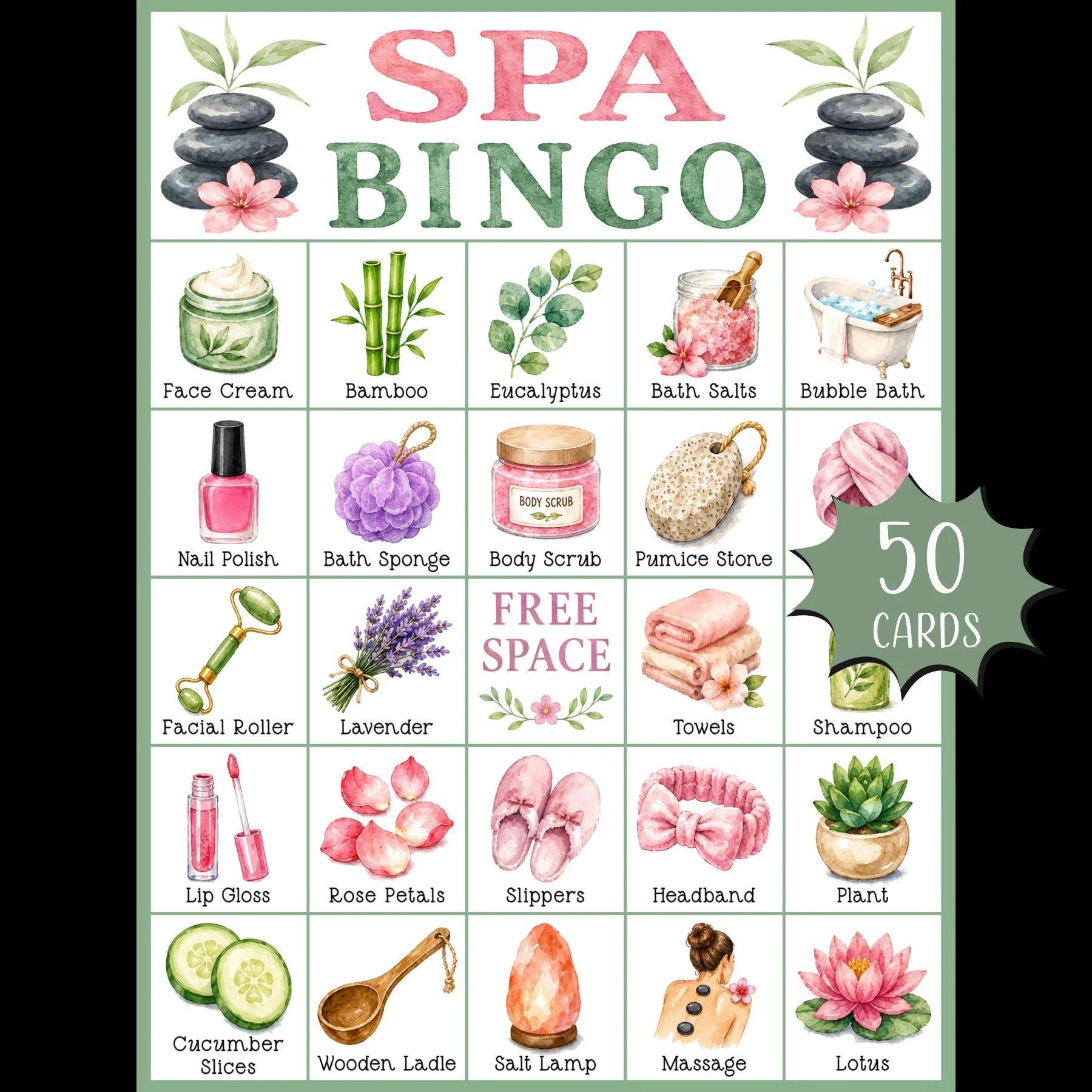 Spa Bingo Game Printable Self Care Party Spa Bingo Game Printable Self Care Party