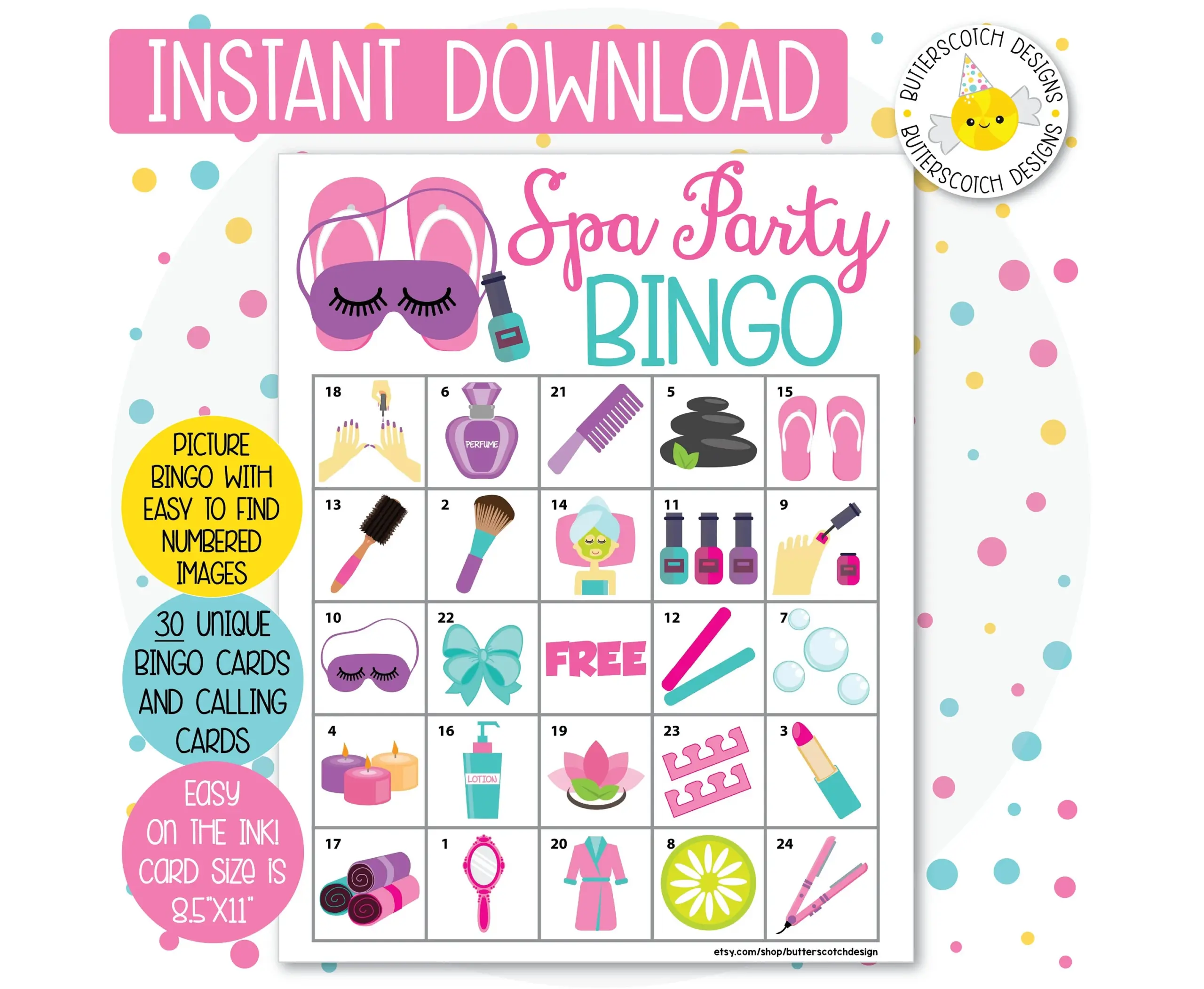 Spa Party Printable Bingo Cards 30 Spa Party Printable Bingo Cards 30
