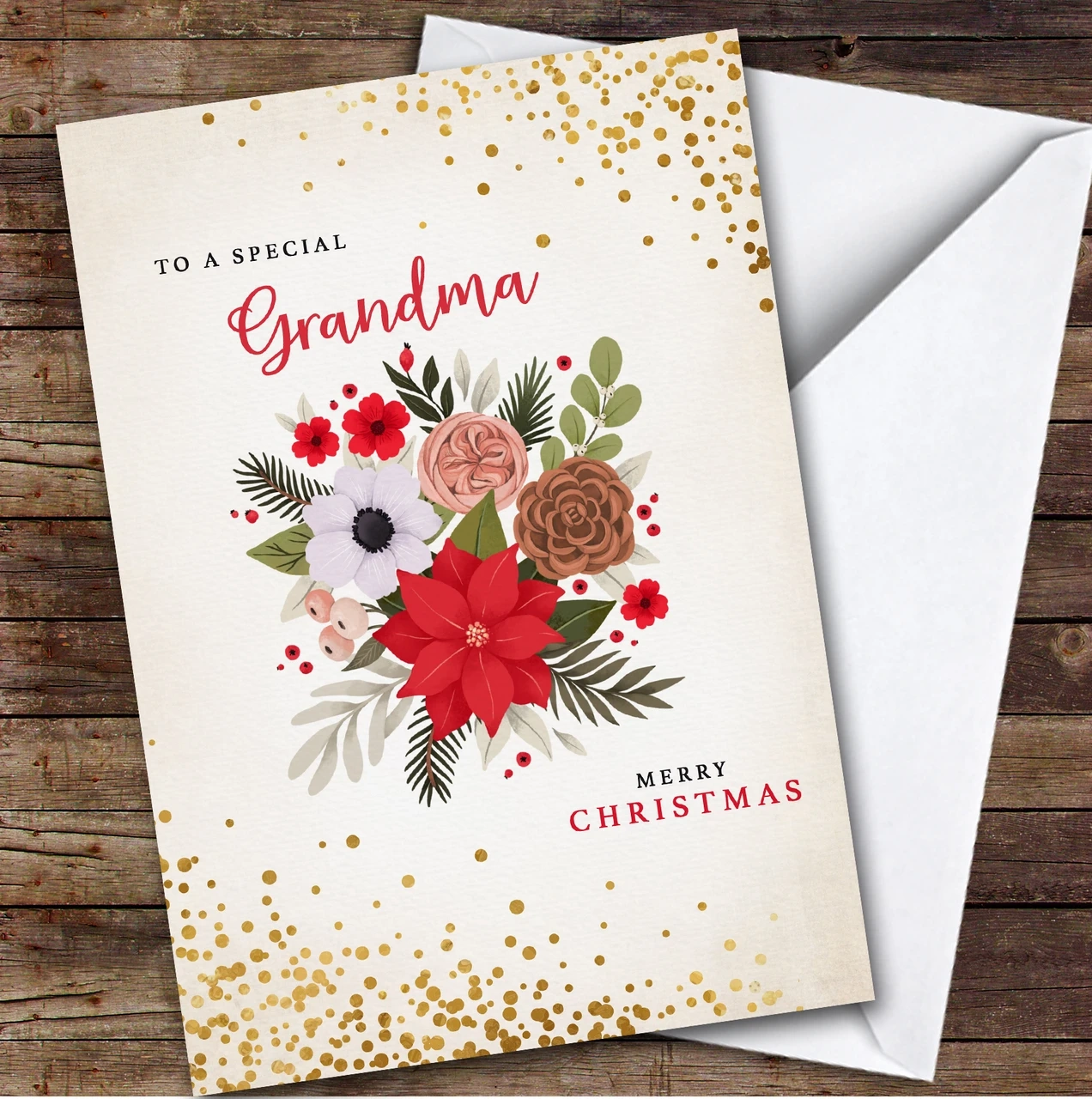 Special Grandma Christmas Flowers Gold Dots Holly Personalized Christmas Card