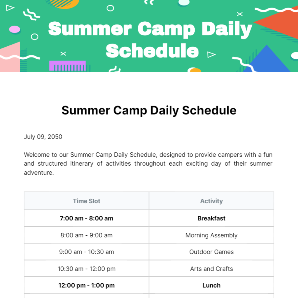 Summer Camp Daily Schedule