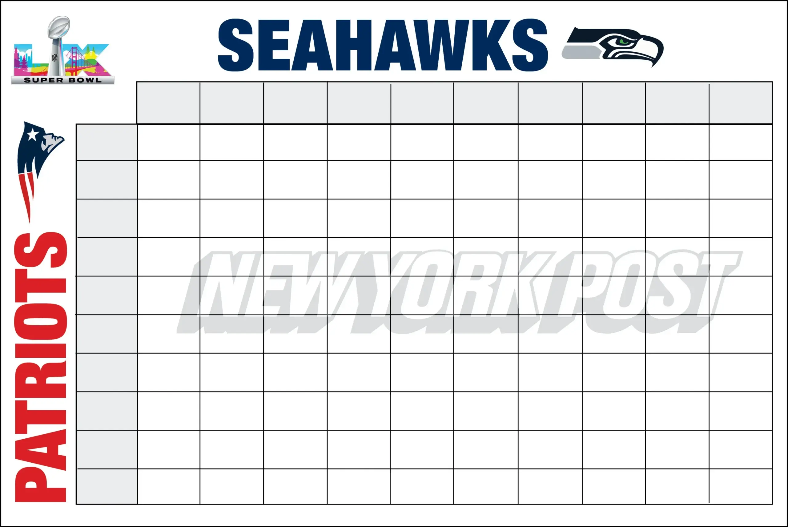 Super Bowl 2026 Squares Printable Boxes Template For Seahawks Vs Patriots