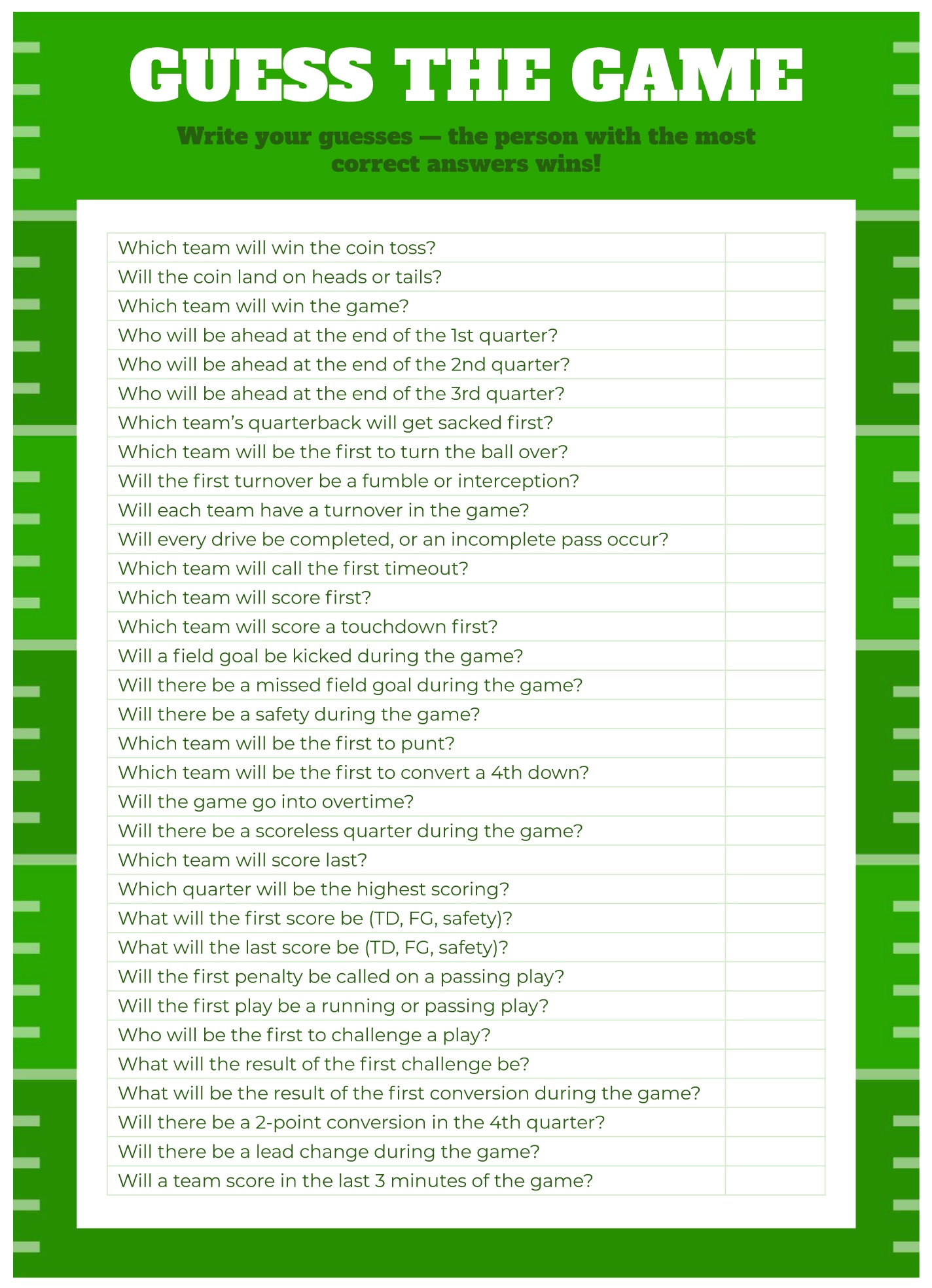 Super Bowl Guessing Game Free Google Docs Template