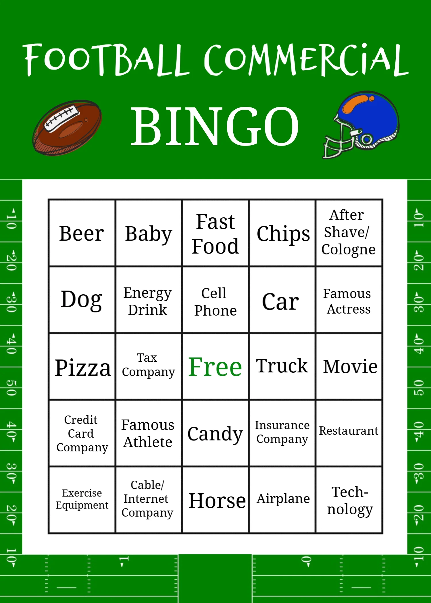 Superbowl Commercial Bingo Game Boards