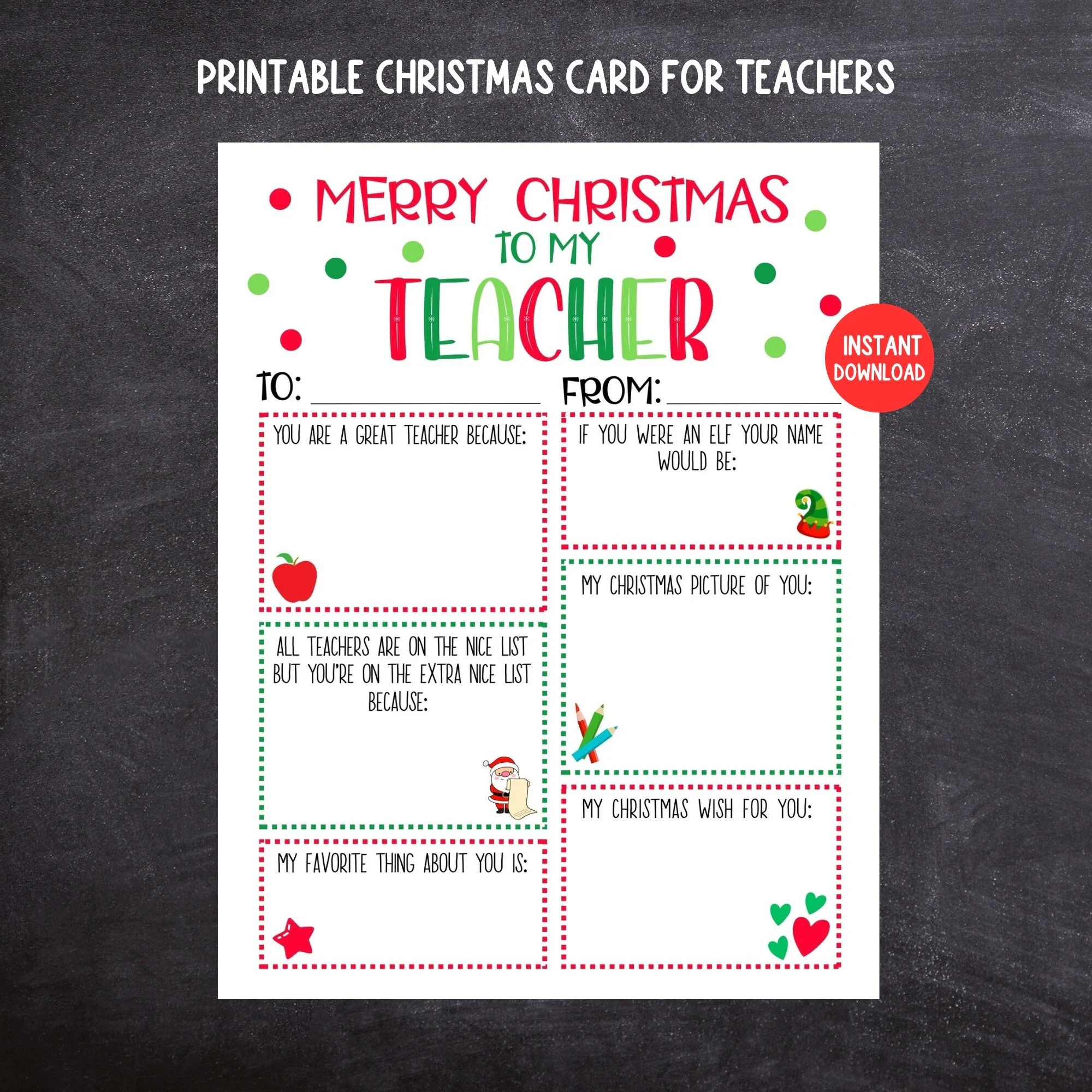 Teacher Christmas Card Printable Kids