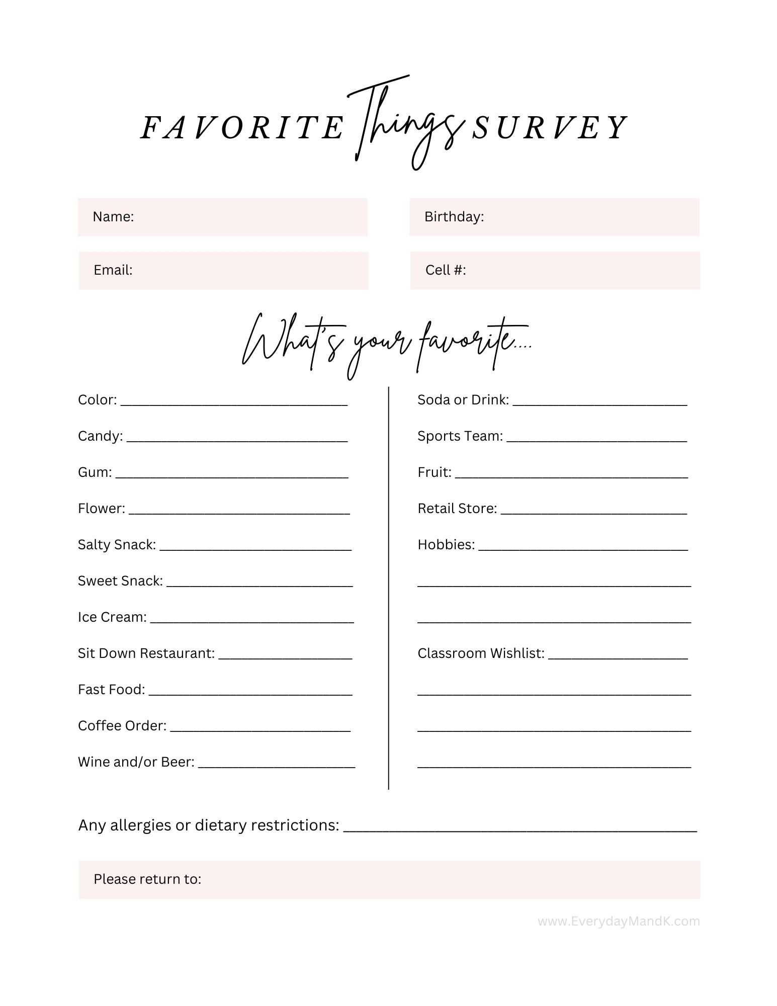 Teacher Favorite Things Survey Free Download