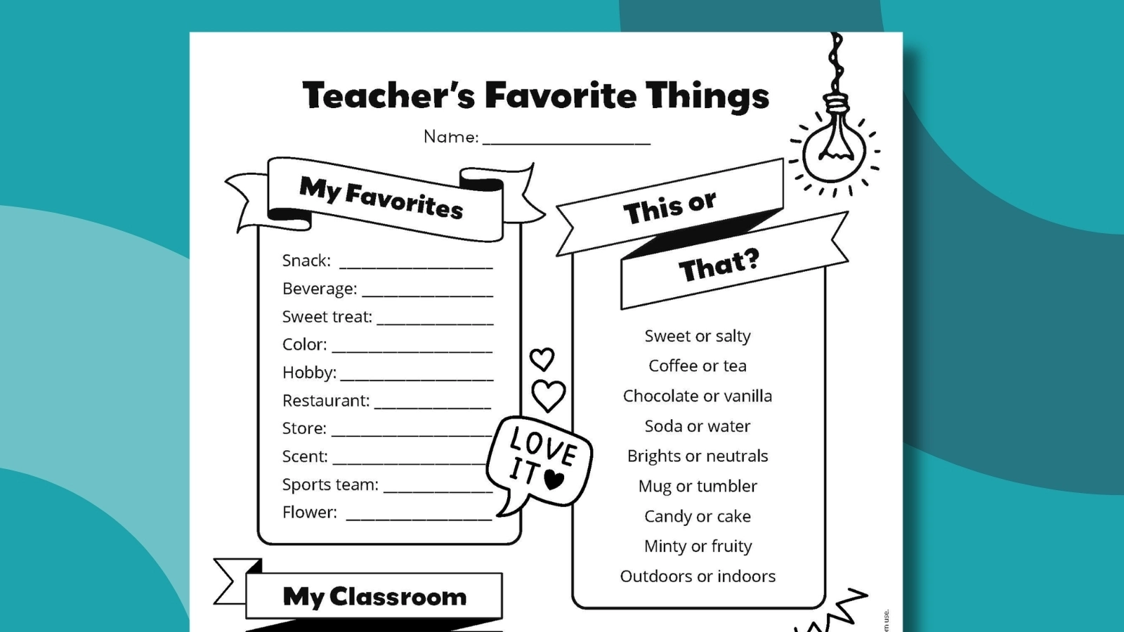 Teachers Favorite Things Form