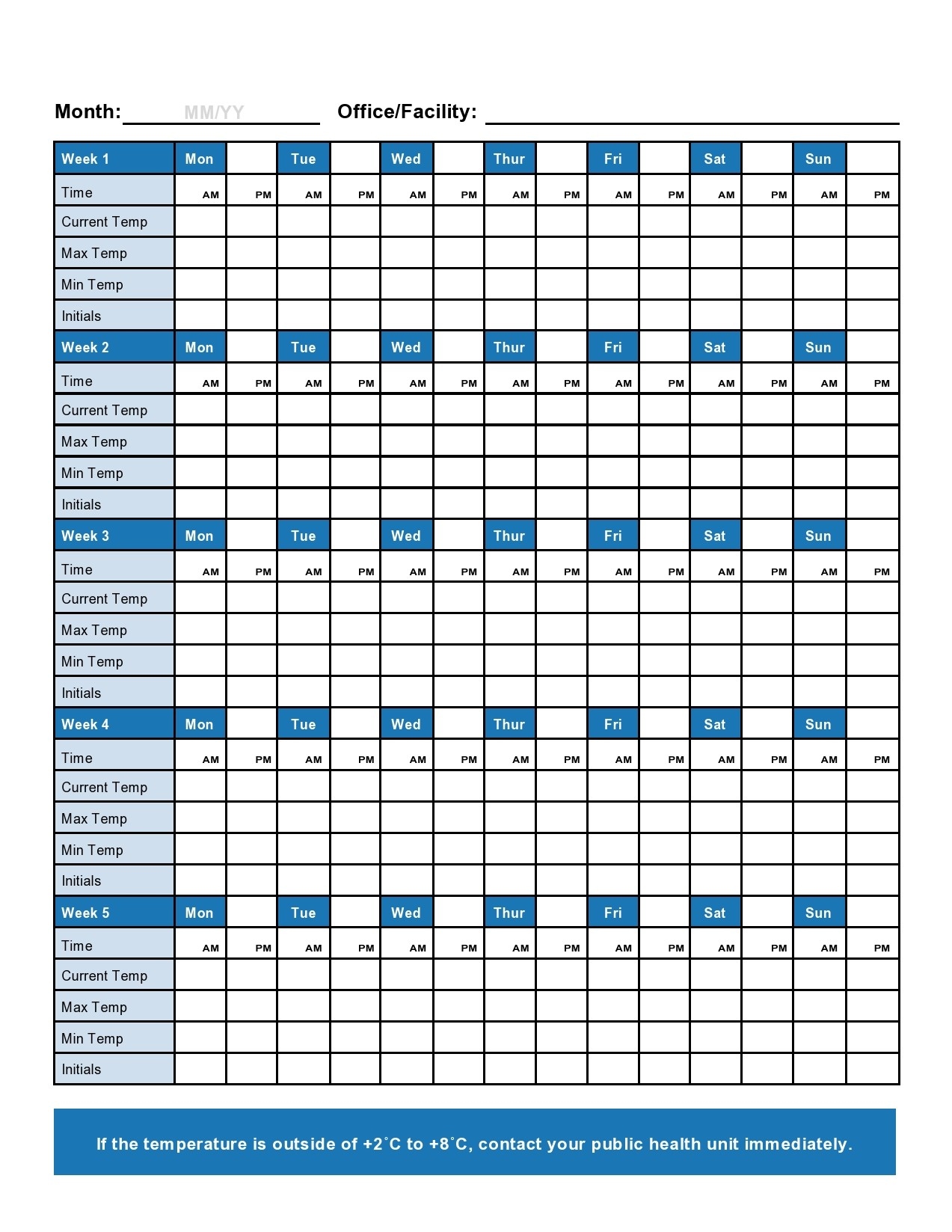 Temperature Log Sheet Temperature Log Sheet