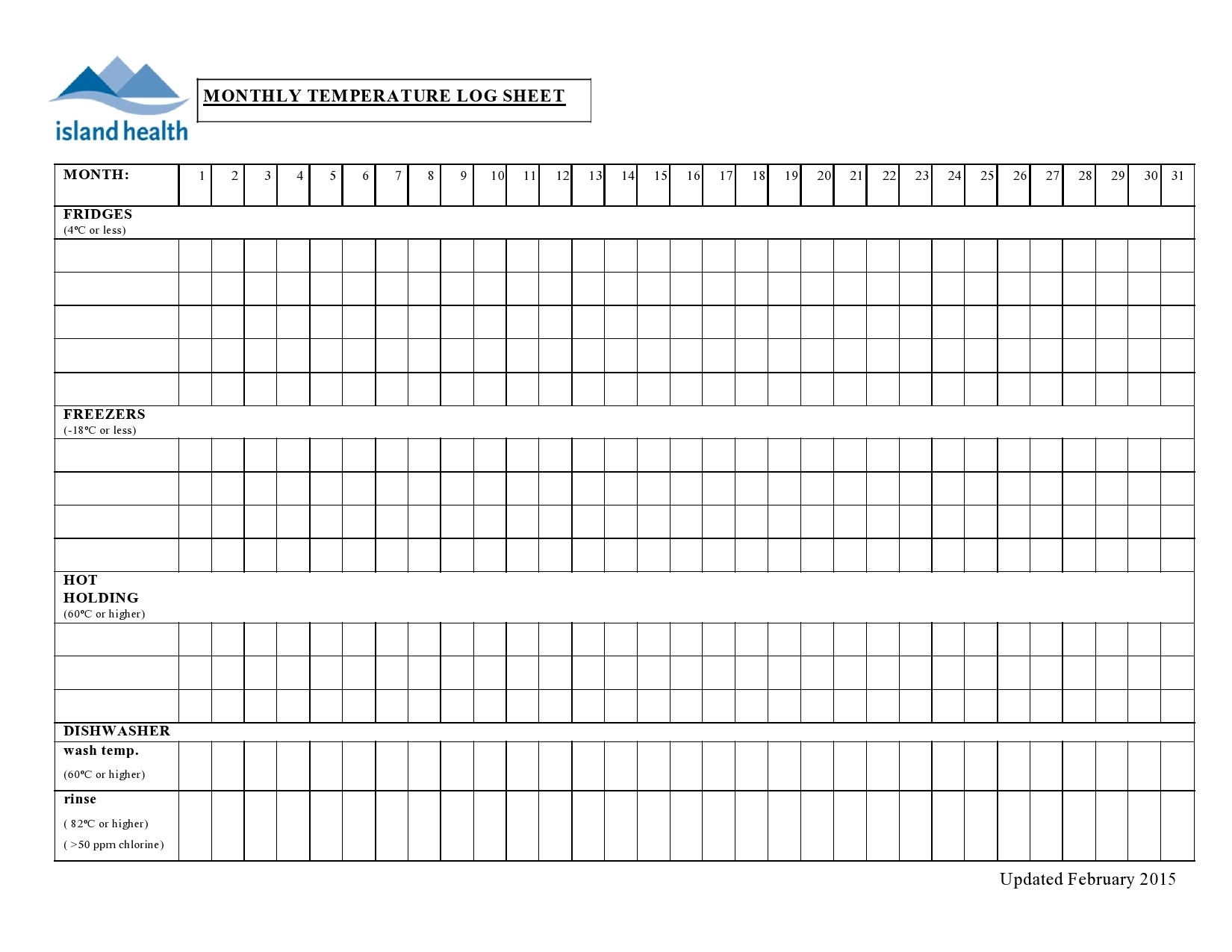 Temperature Log Sheet Temperature Log Sheet