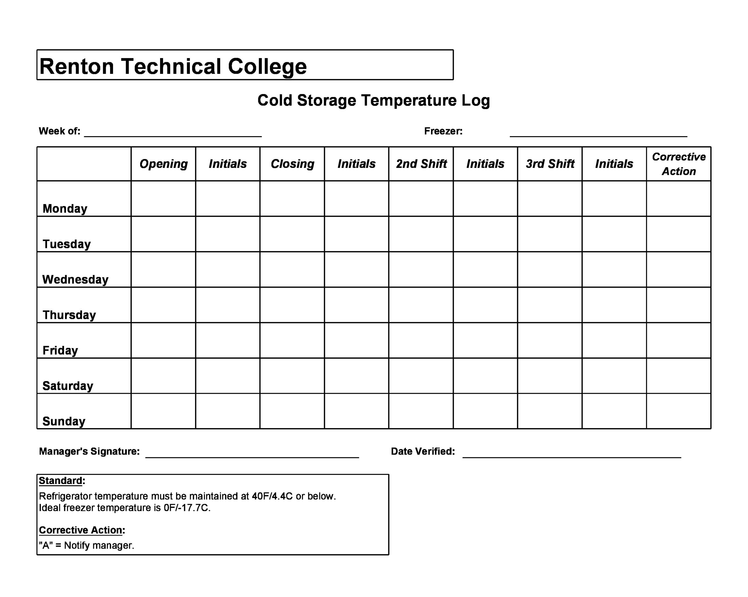 Temperature Log Sheet Temperature Log Sheet