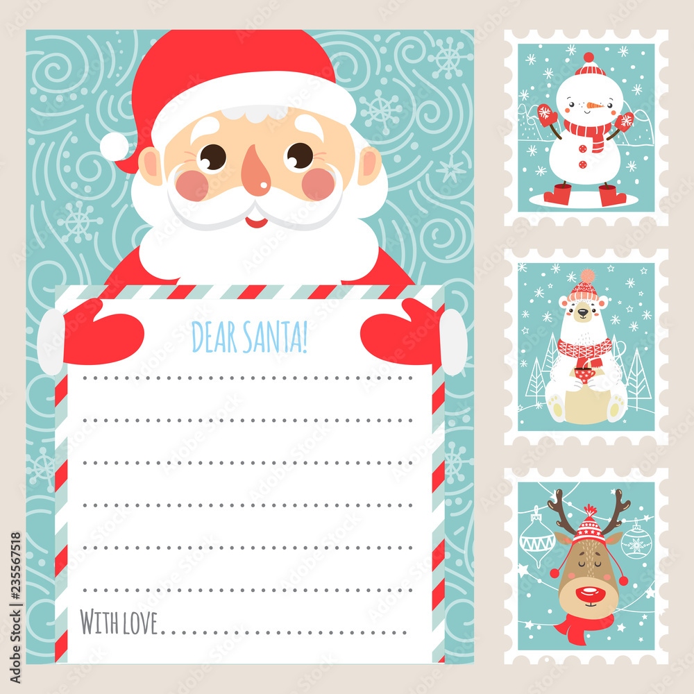Template Christmas Letter For Santa Claus Printable Card Postage Stamps Vector Illustration