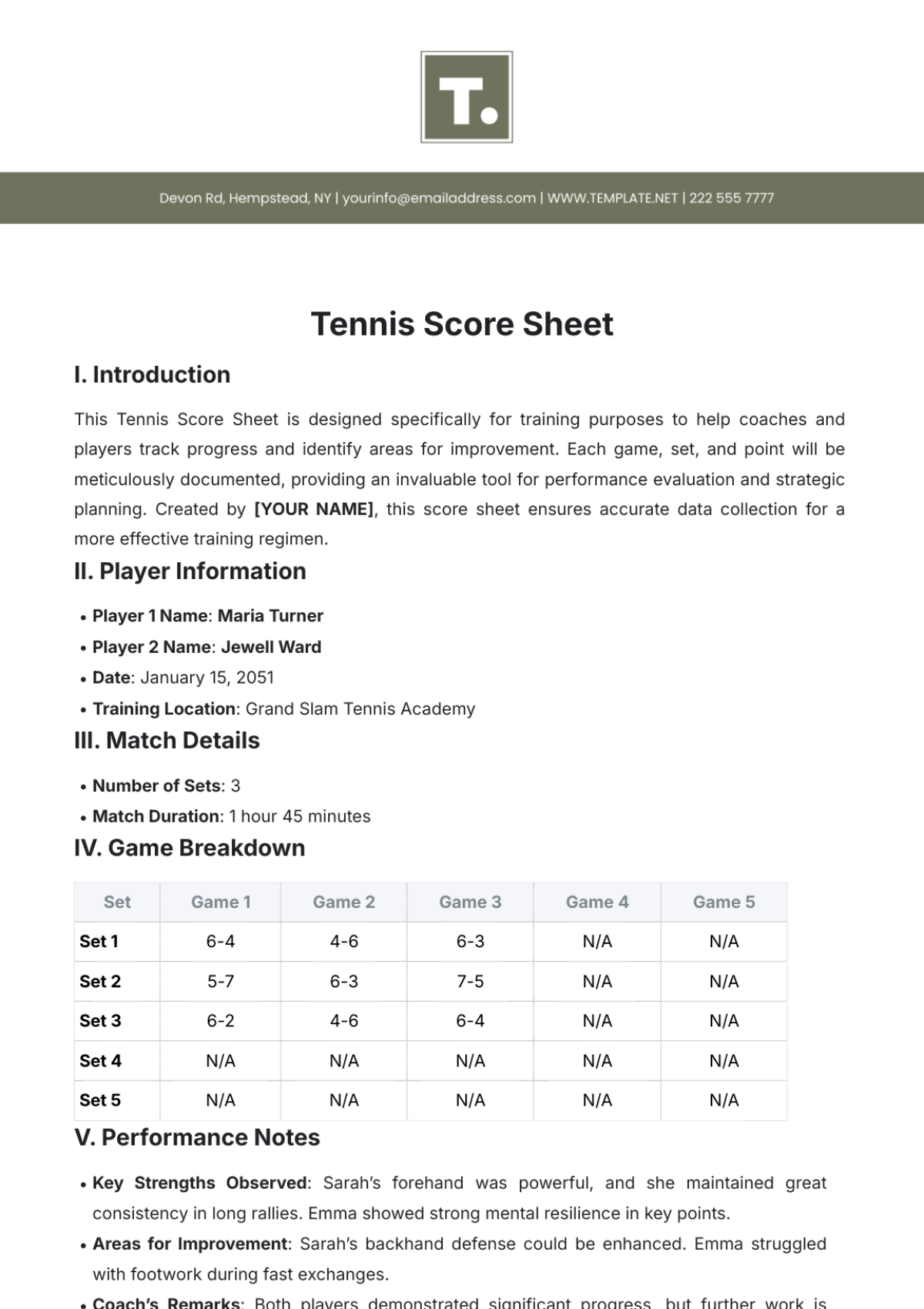 Tennis Score Sheet Tennis Score Sheet