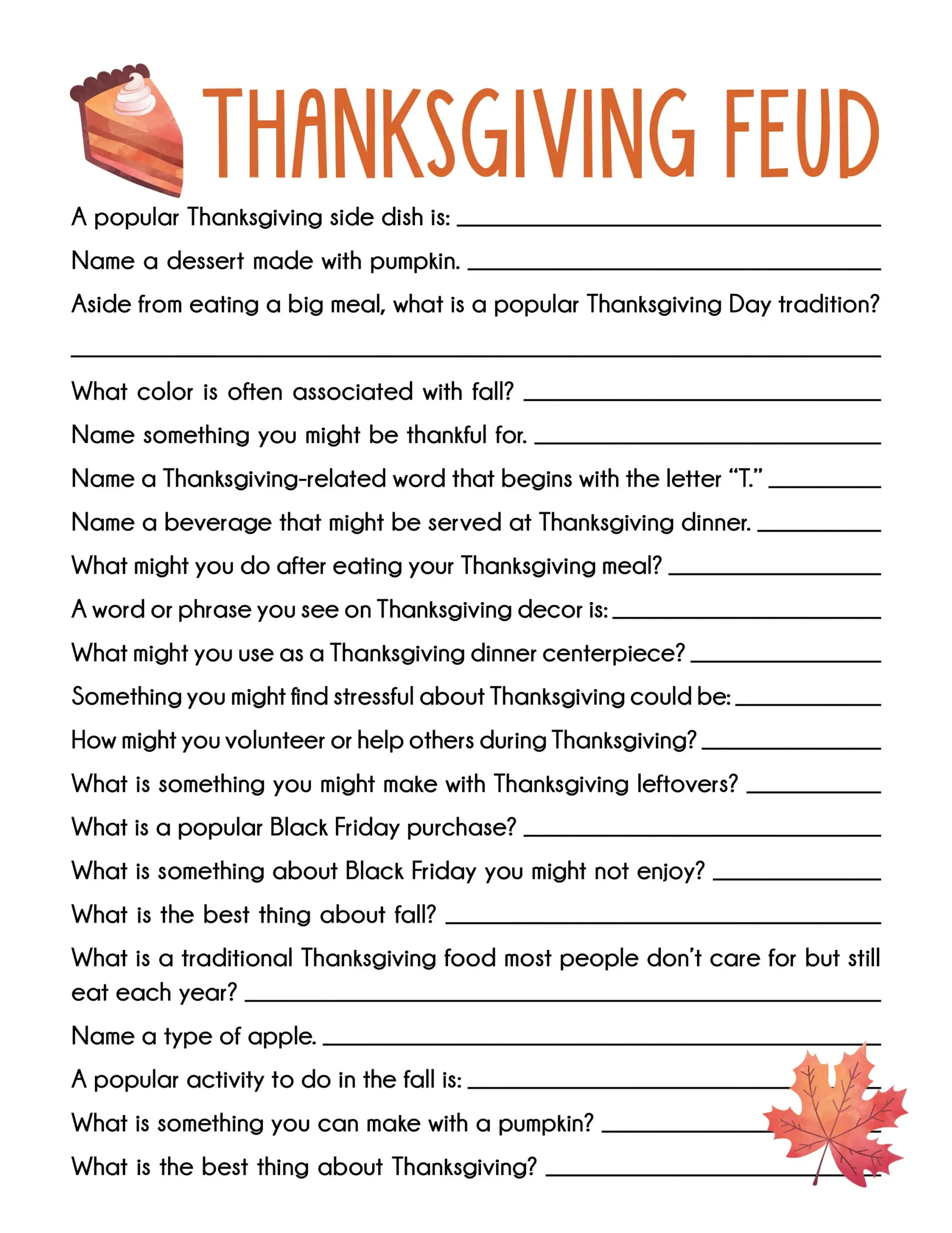 Thanksgiving Family Feud Printable Game