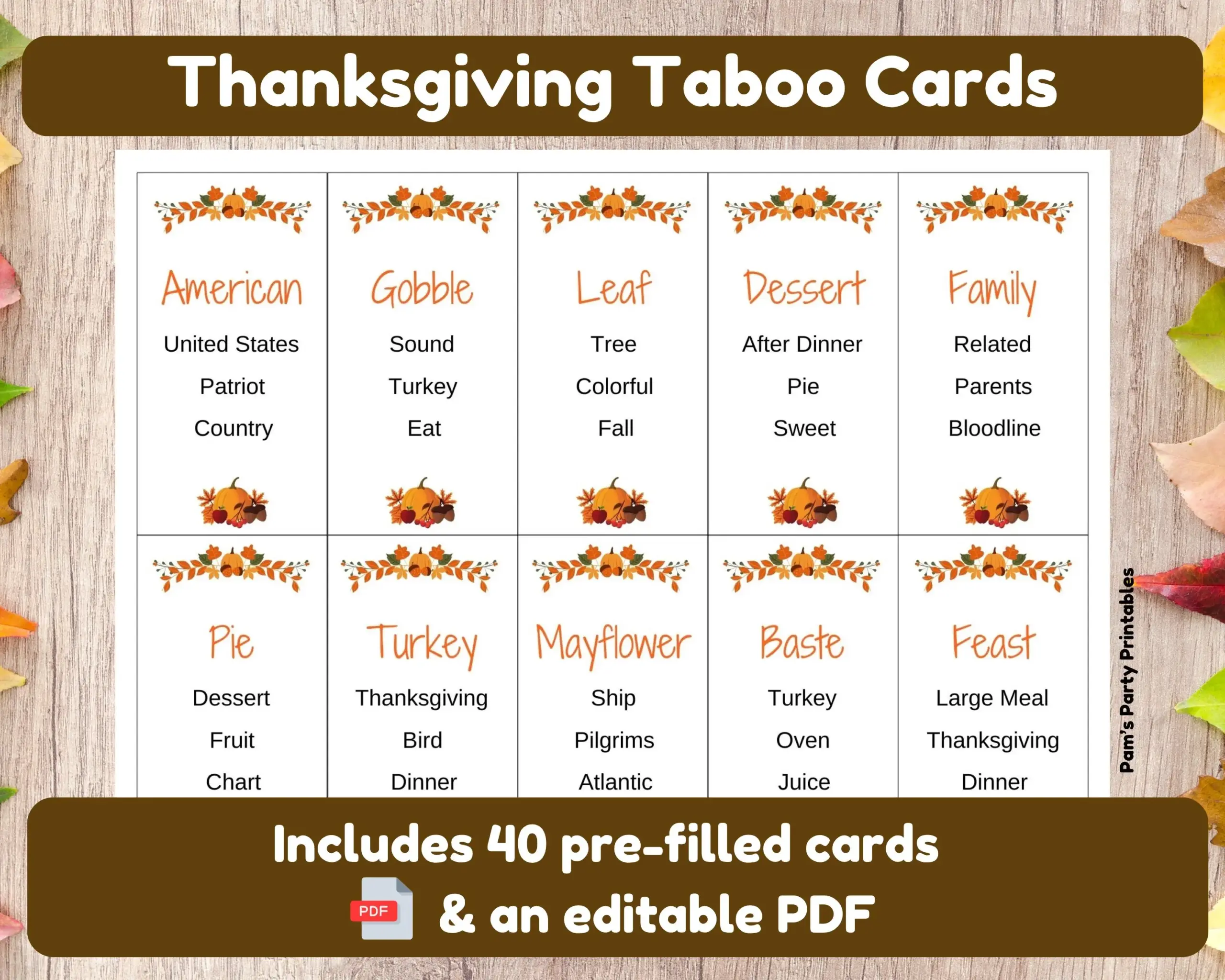 Thanksgiving Taboo Game Printable Cards