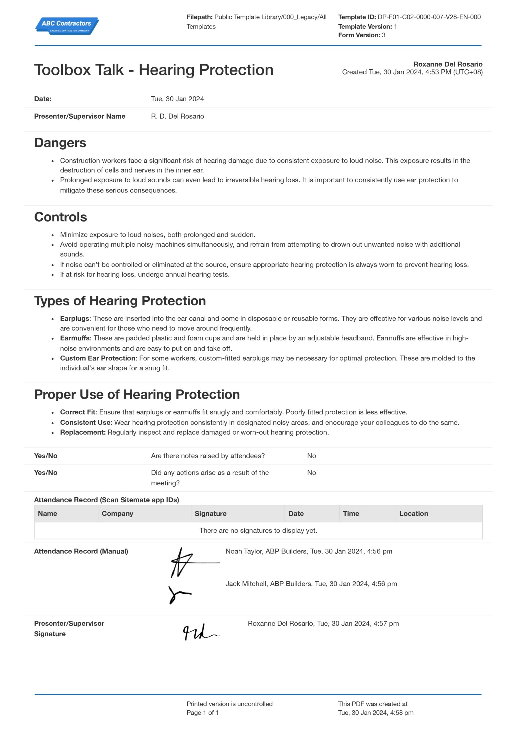Toolbox Talk Hearing Protection Template Toolbox Talk Hearing Protection Template