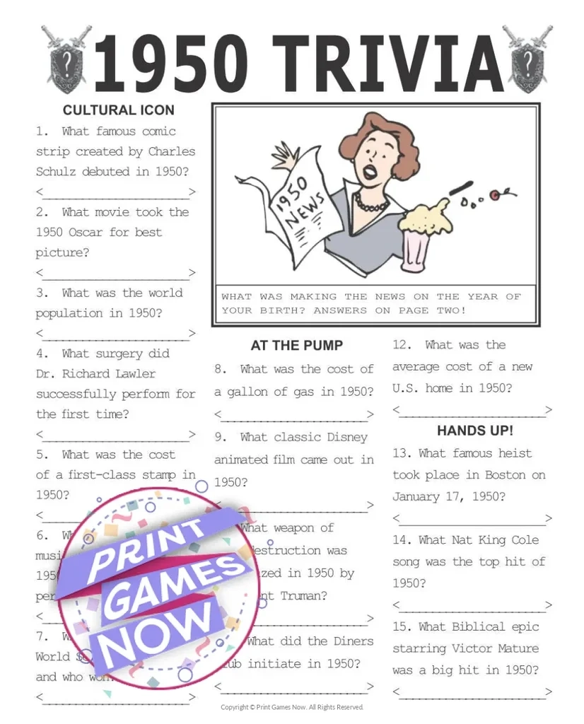 free printable 1950 trivia questions and answers printable