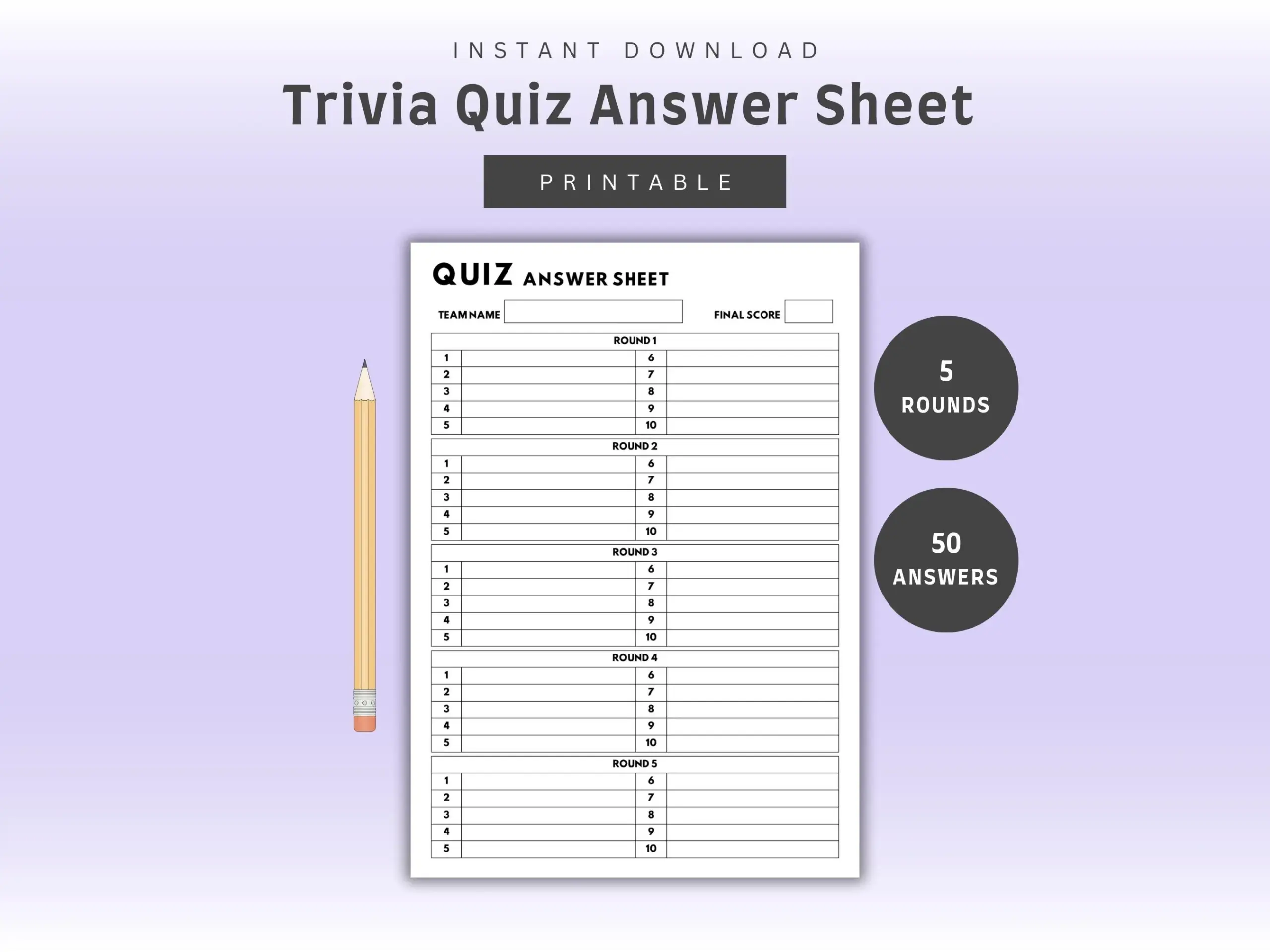 Trivia Quiz Answer Sheet 5 Rounds 10