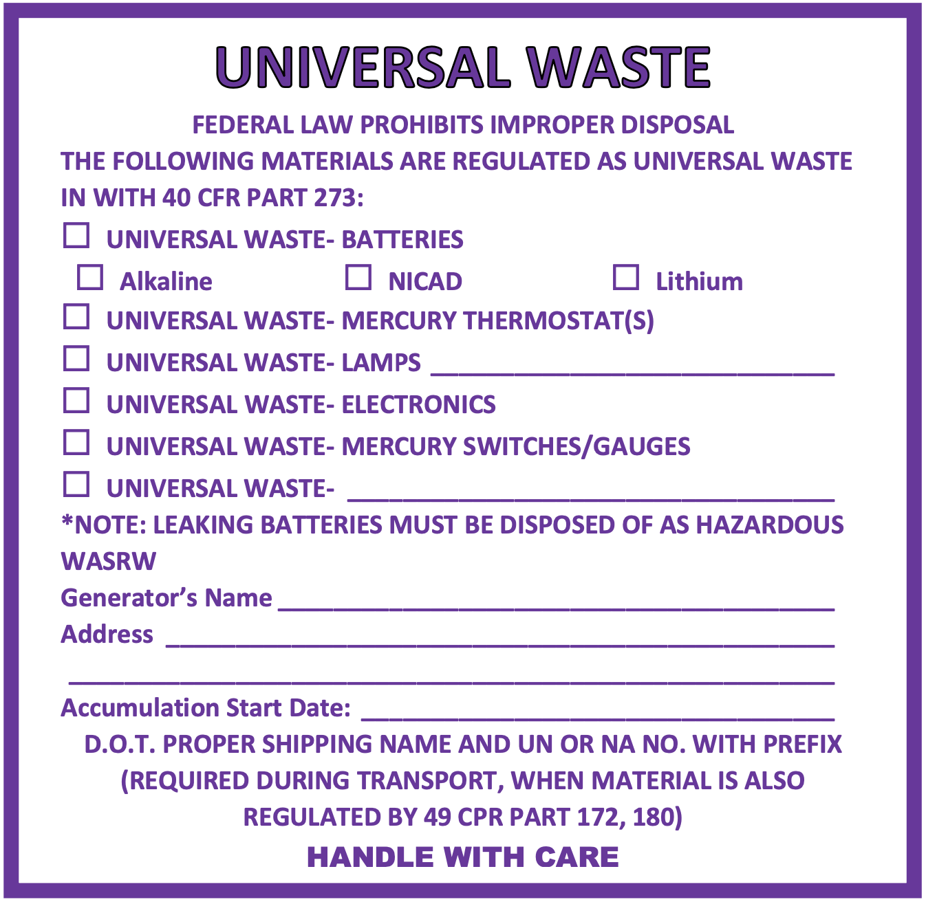 Universal Waste Labels Universal Waste Labels