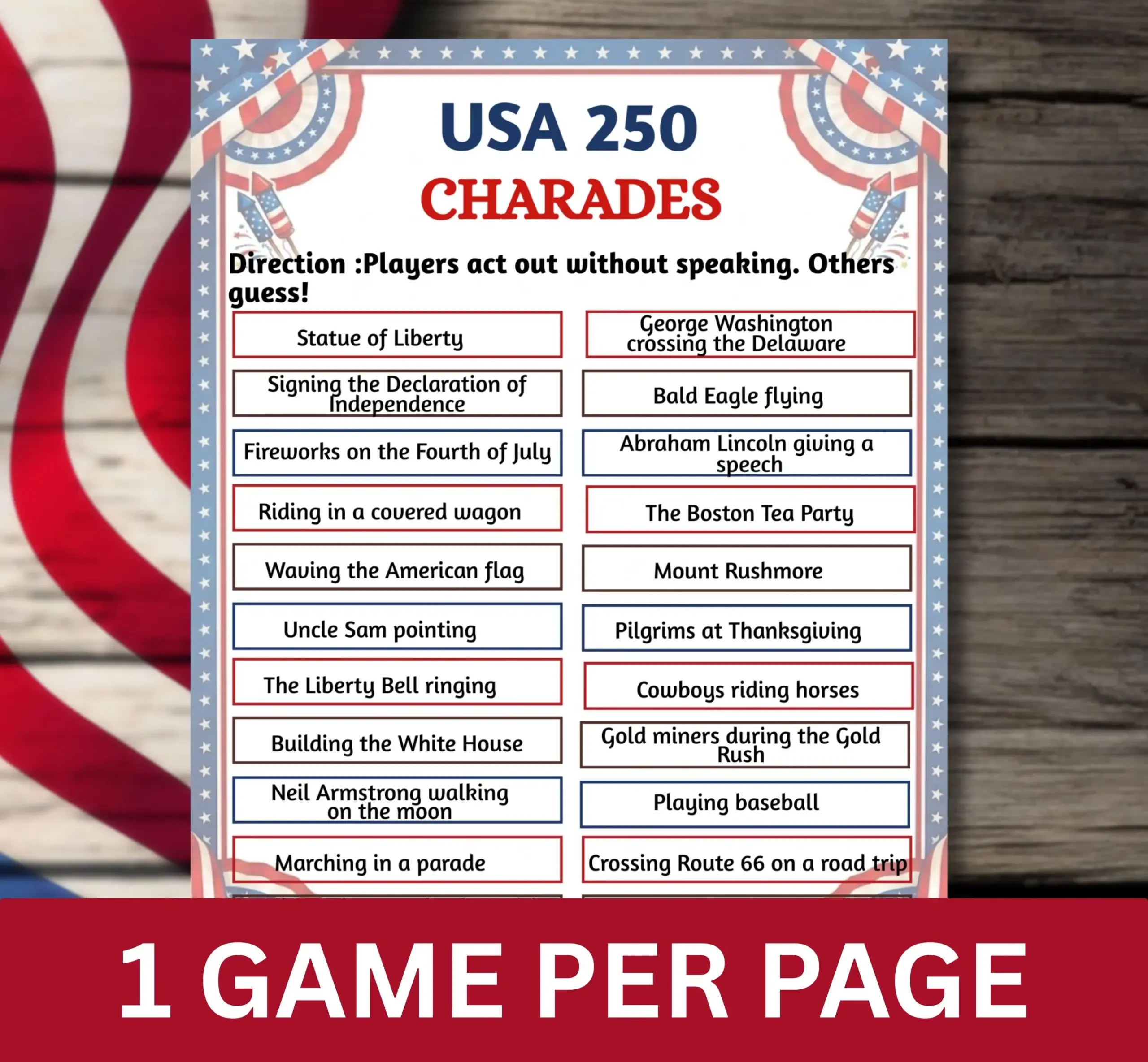 Usa250 Charades Game Printable Patriotic Usa250 Charades Game Printable Patriotic