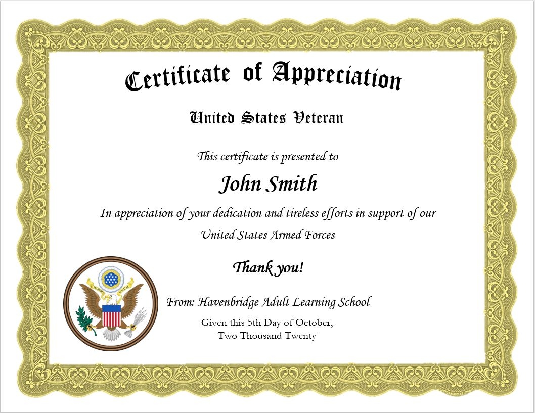 Veteran Certificate Veteran Certificate