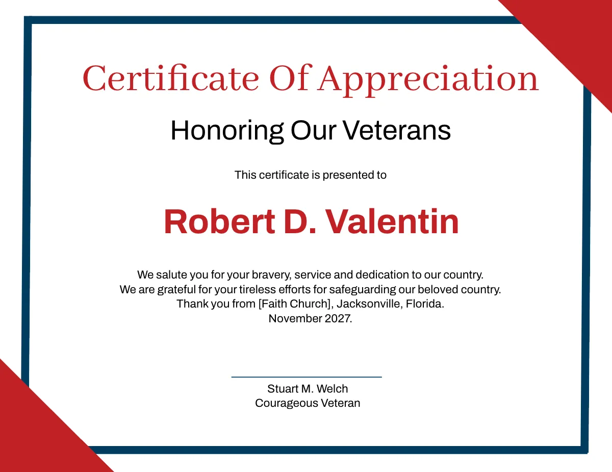 Veterans Day Appreciation Certificate Template