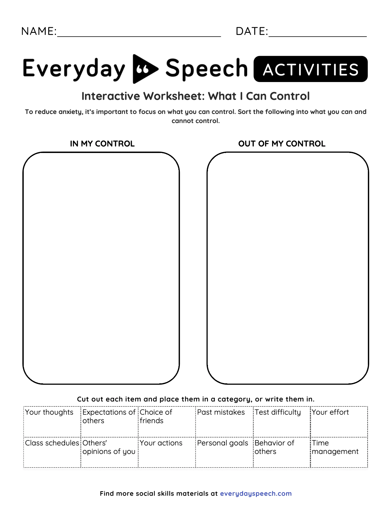What I Can Control Interactive Worksheet