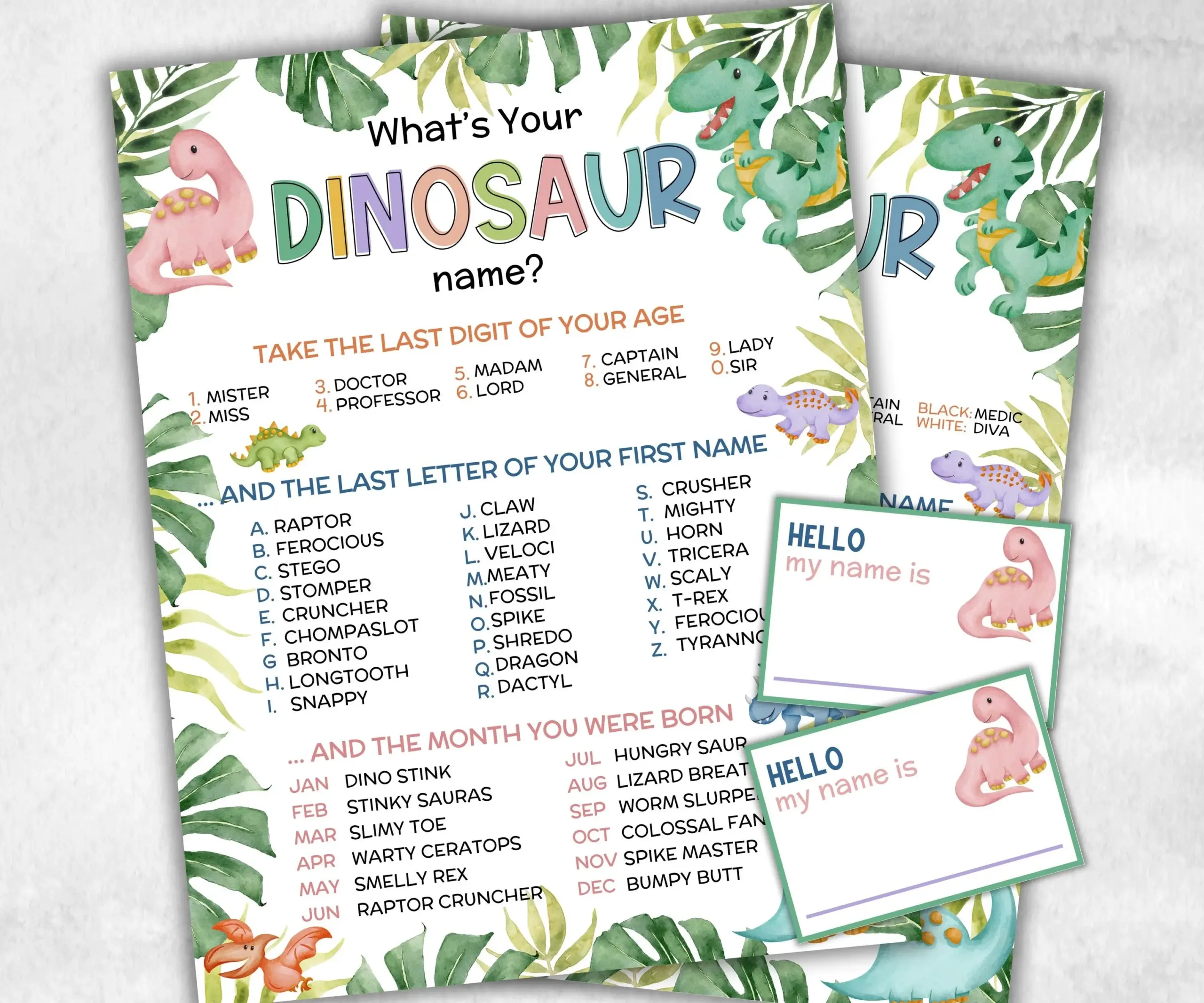 dinosaur name free printable