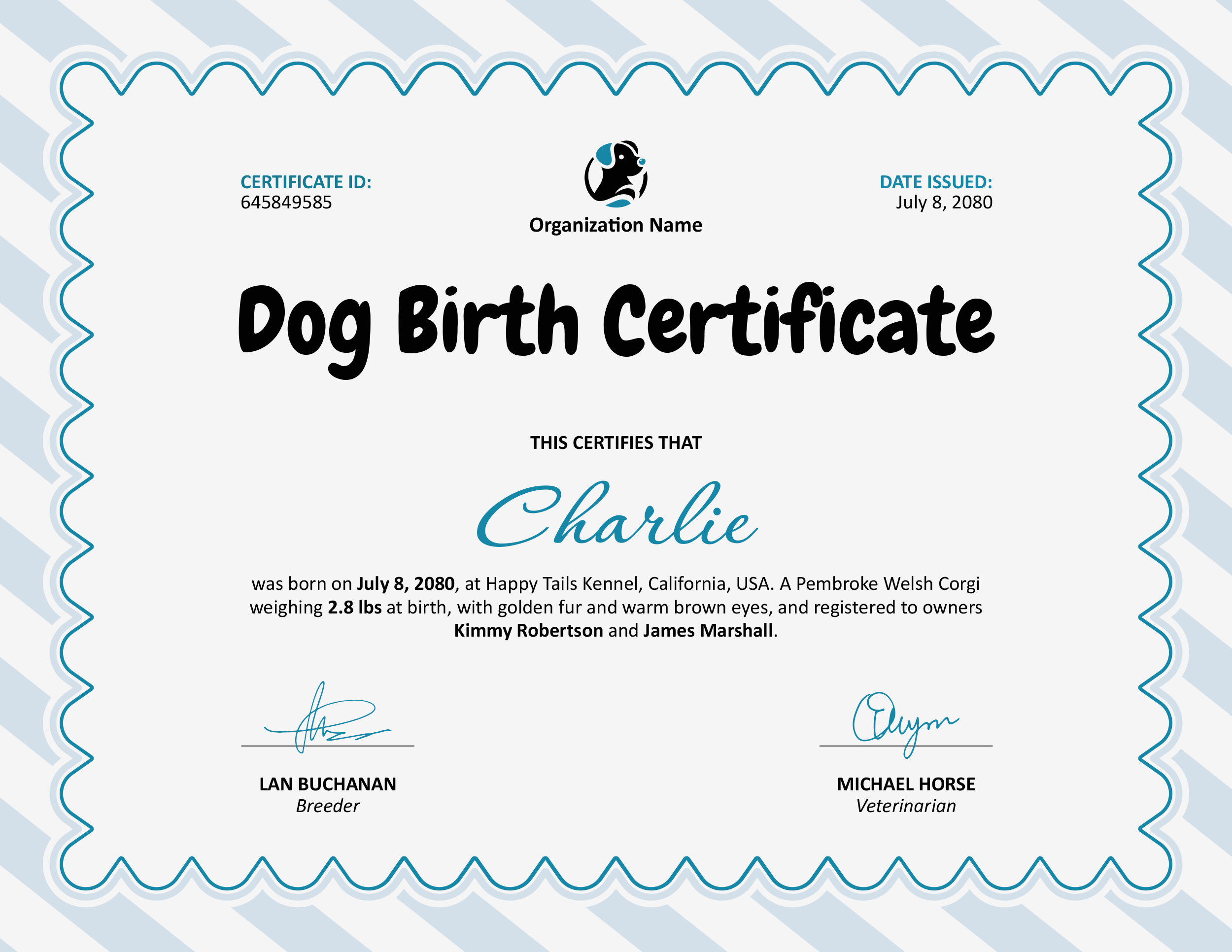 White And Blue Dog Birth Certificate Template