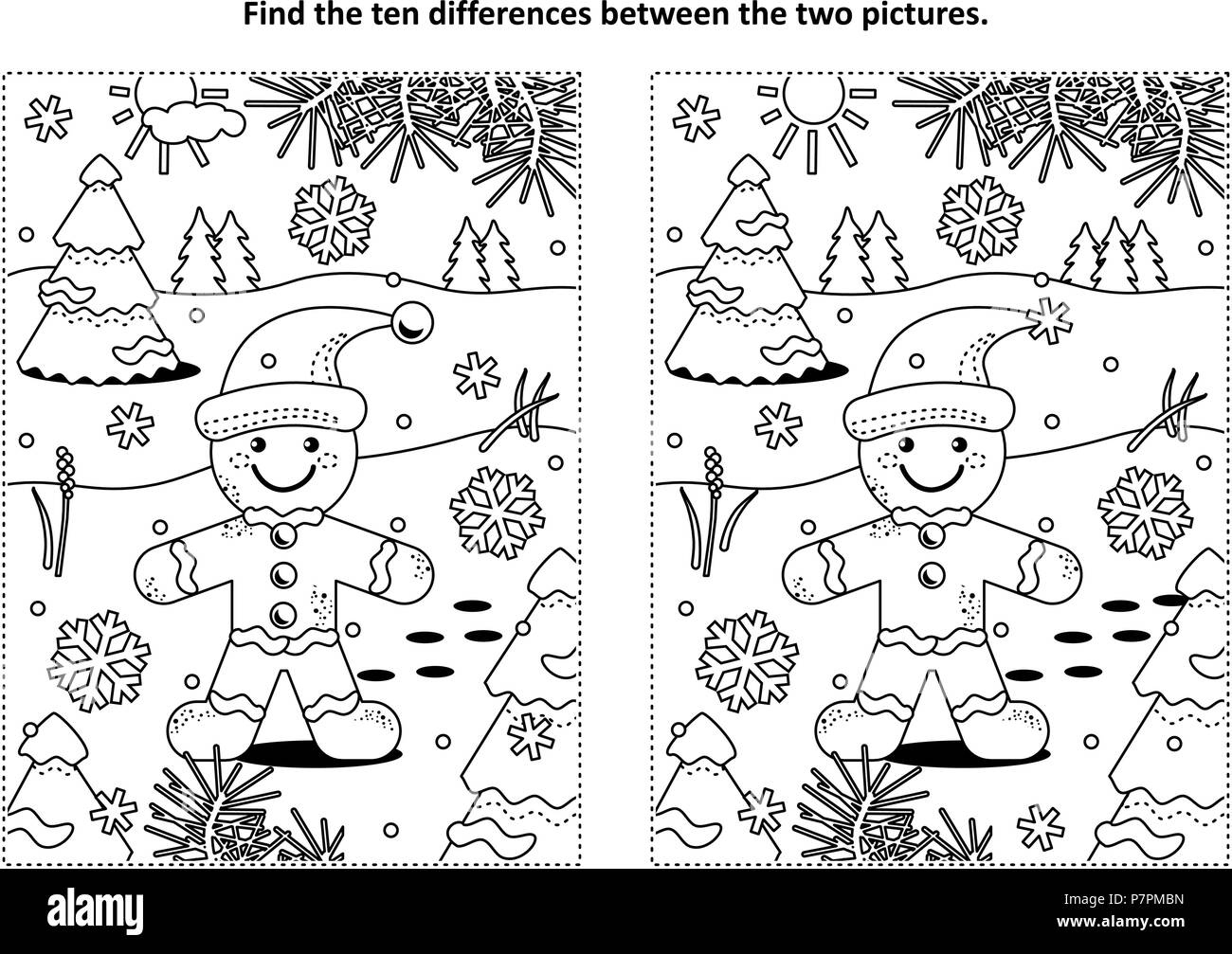 Winter Holidays Christmas Or New Year Themed Find The Ten Differences Picture Puzzle And Coloring Page With Ginger Man Cookie Image211325961 Winter Holidays Christmas Or New Year Themed Find The Ten Differences Picture Puzzle And Coloring Page With Ginger Man Cookie Image211325961