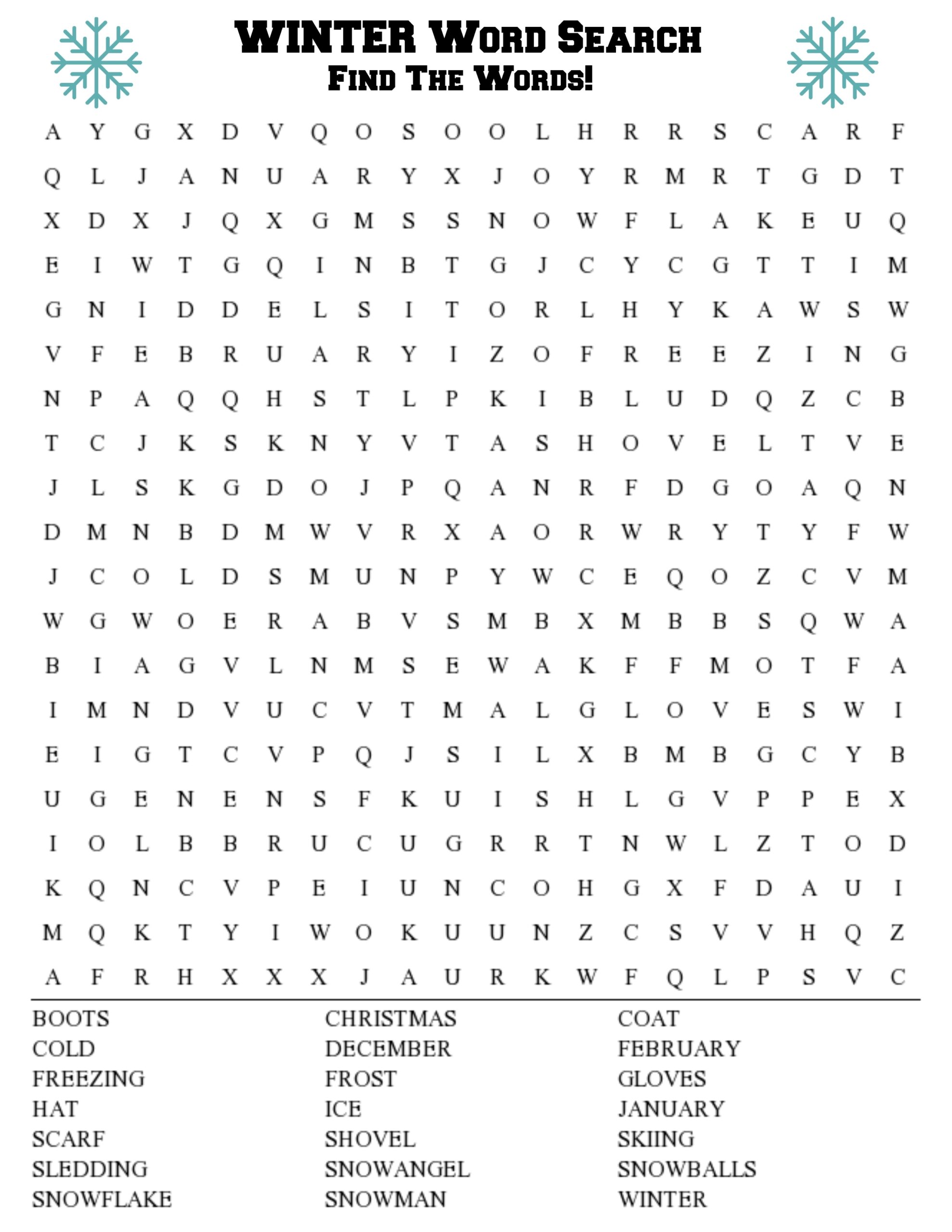 Winter Word Search Printable Kids