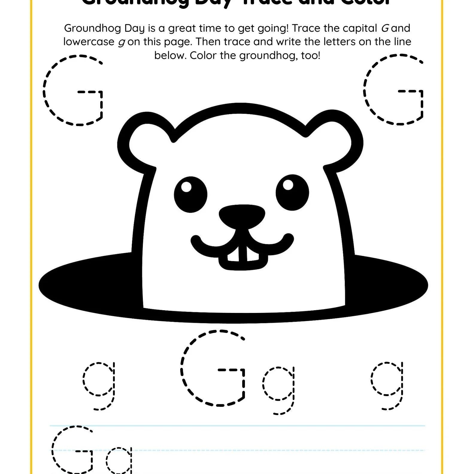 Worksheet Letter G Trace And Color Groundhog Day